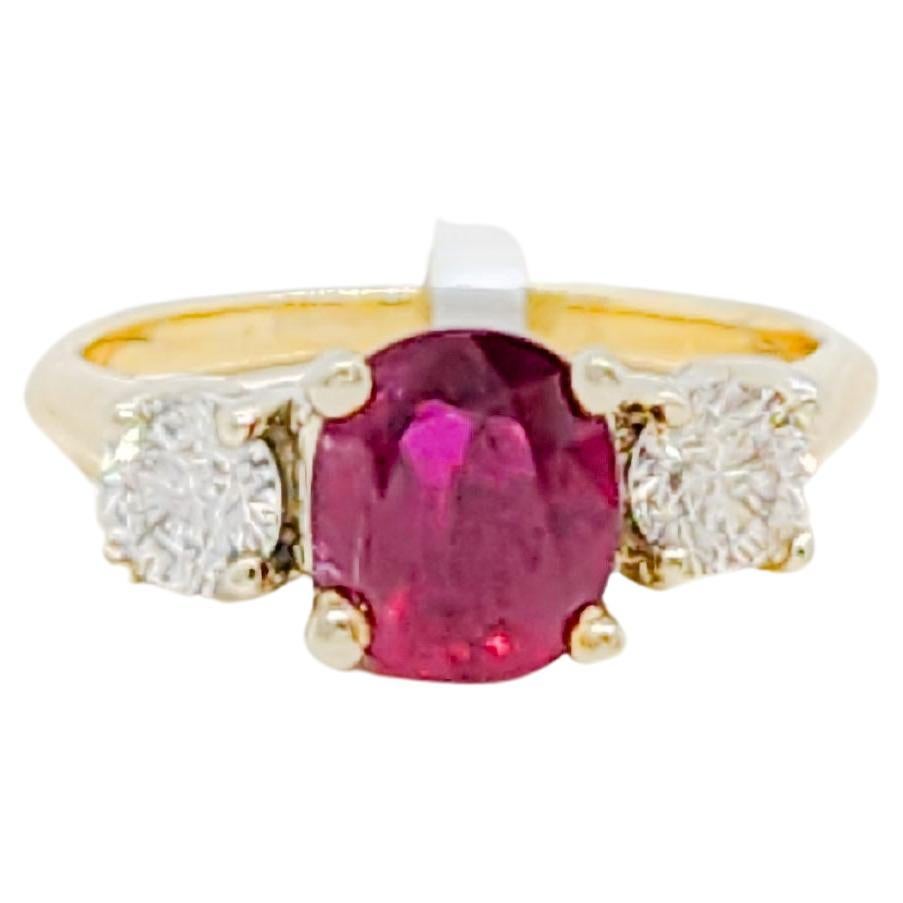 GIA Thai Ruby Oval and White Diamond Three Stone Ring in 14k For Sale