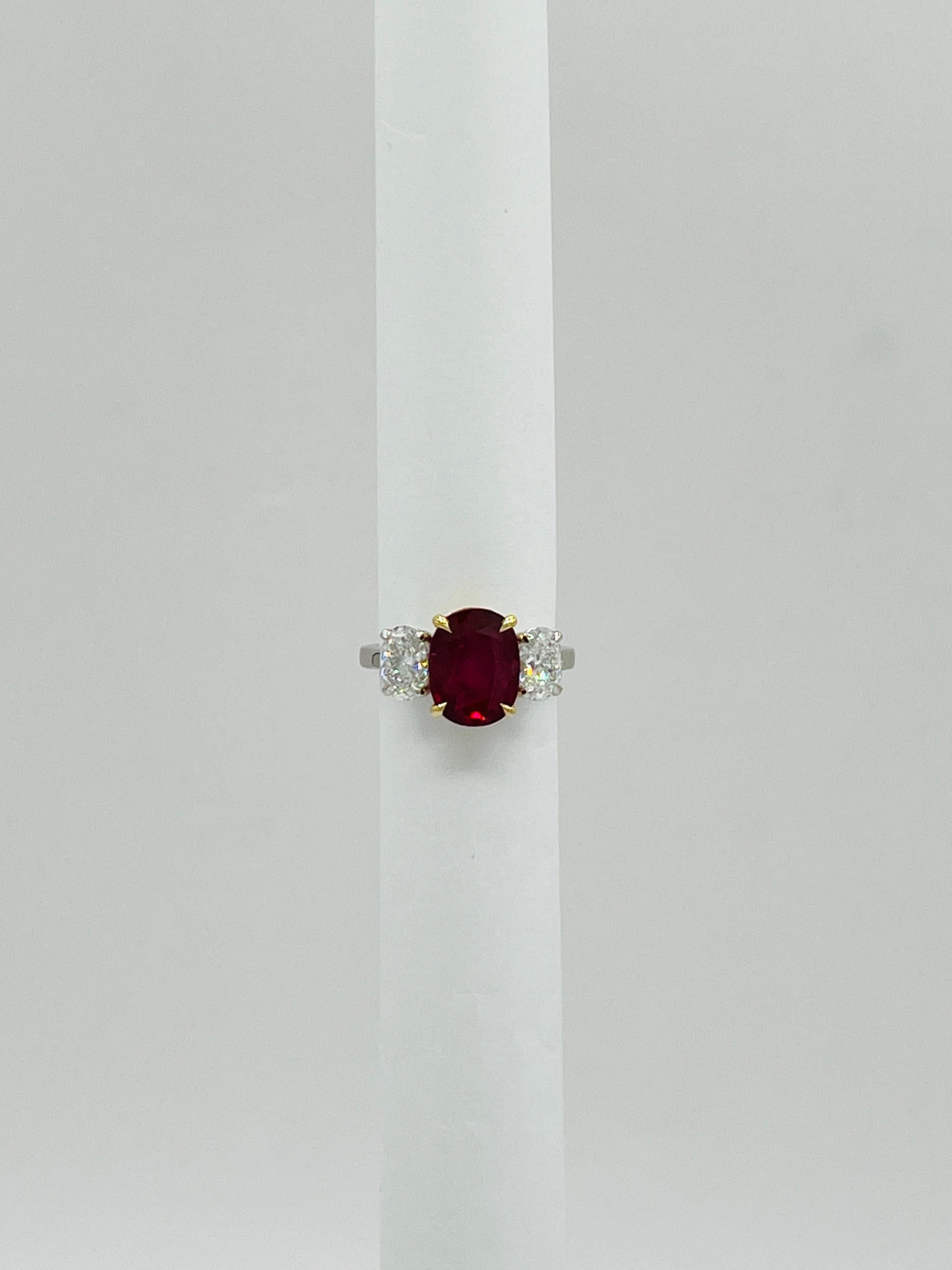 GIA Thai Ruby Oval and White Oval Diamond Three Stone Ring in 18K and Platinum In New Condition In Los Angeles, CA