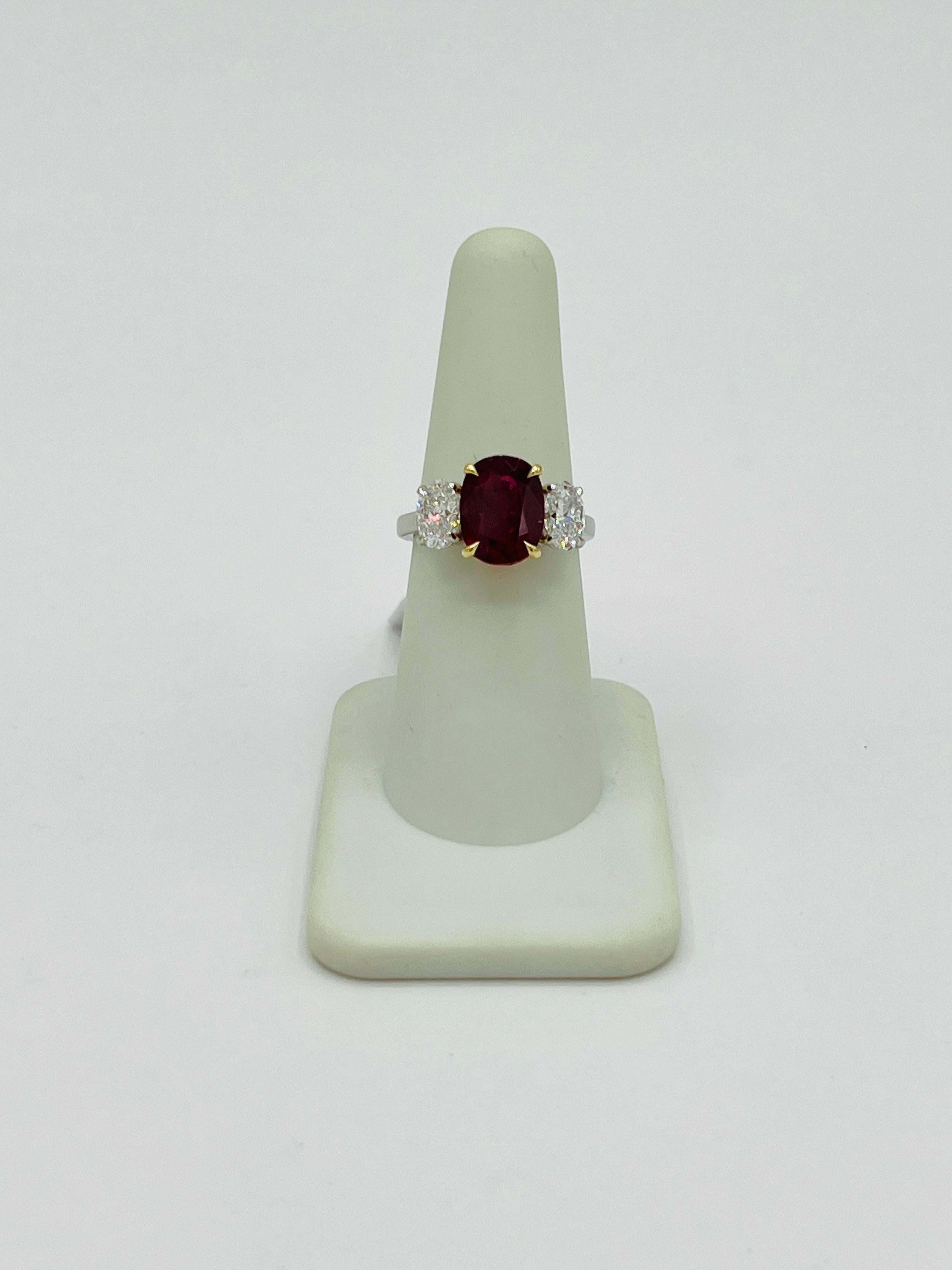 Women's or Men's GIA Thai Ruby Oval and White Oval Diamond Three Stone Ring in 18K and Platinum
