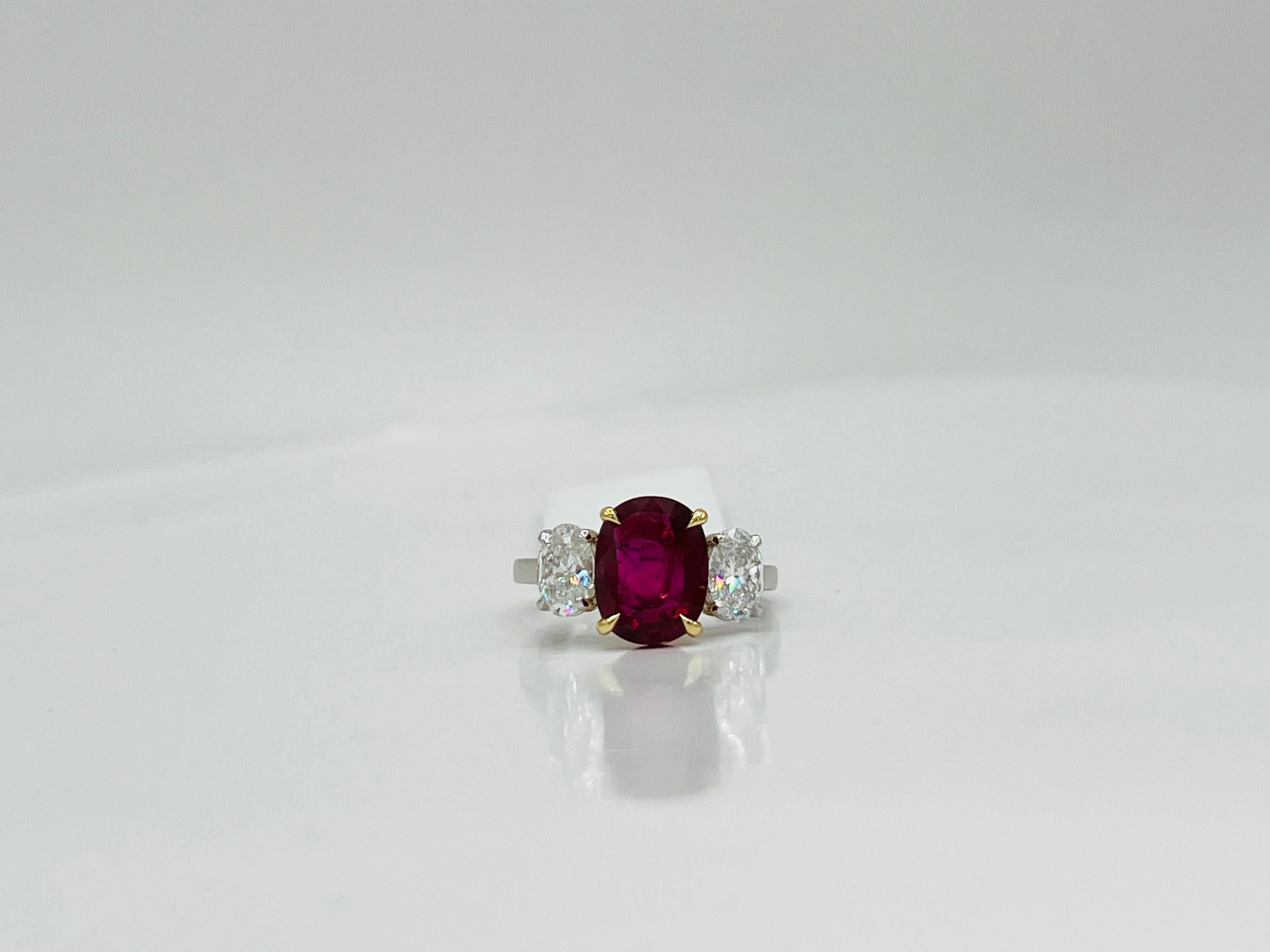 GIA Thai Ruby Oval and White Oval Diamond Three Stone Ring in 18K and Platinum 2