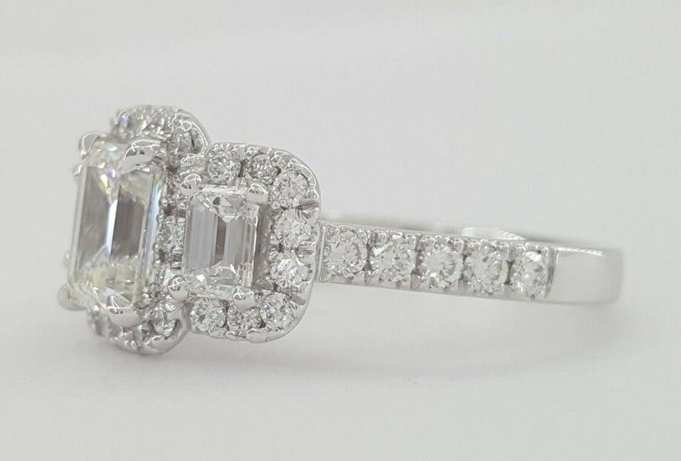 Round Cut GIA Three Stone 2.40 Carat White Gold Emerald Cut Diamond Engagement Halo Ring For Sale