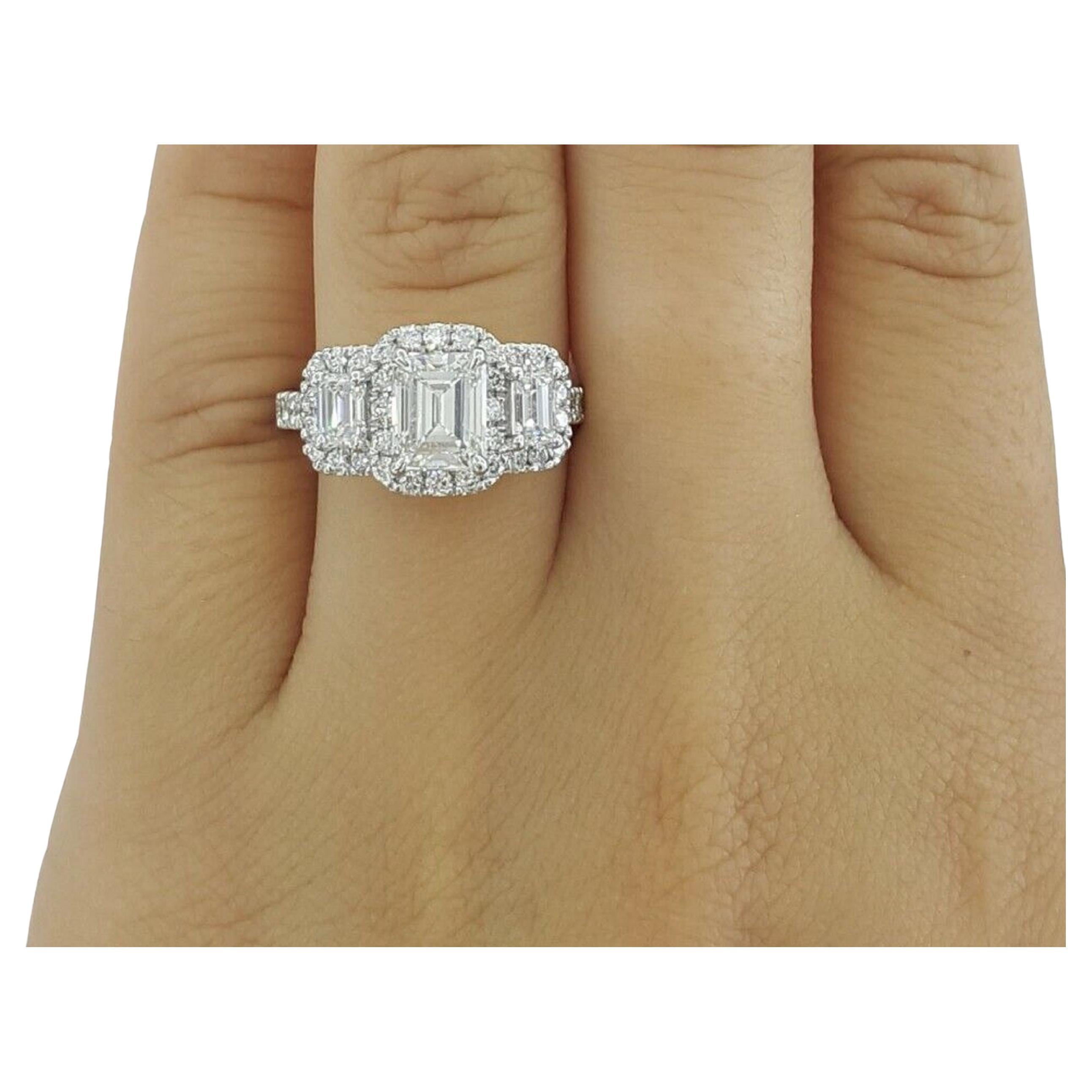 GIA Three Stone 2.40 Carat White Gold Emerald Cut Diamond Engagement Halo Ring