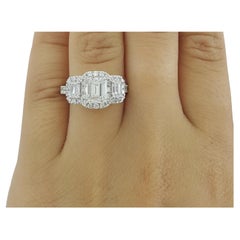 GIA Three Stone 2.40 Carat White Gold Emerald Cut Diamond Engagement Halo Ring