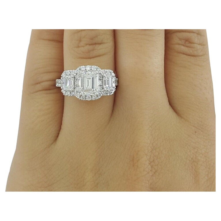 GIA Three Stone 2.40 Carat White Gold Emerald Cut Diamond Engagement Halo Ring For Sale