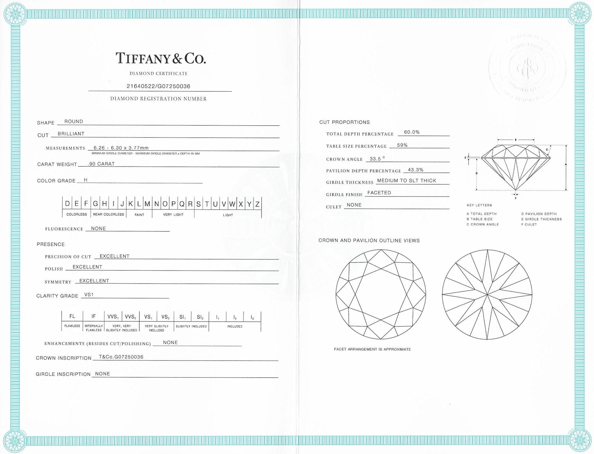 GIA Tiffany & Co. Contemporain  Bague de fiançailles en platine avec un diamant de 0,90 CTW en vente 7