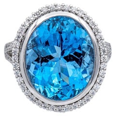 GIA Tiffany & Co. Platinum 10.66 Carat Aquamarine and Diamond Halo Cocktail Ring