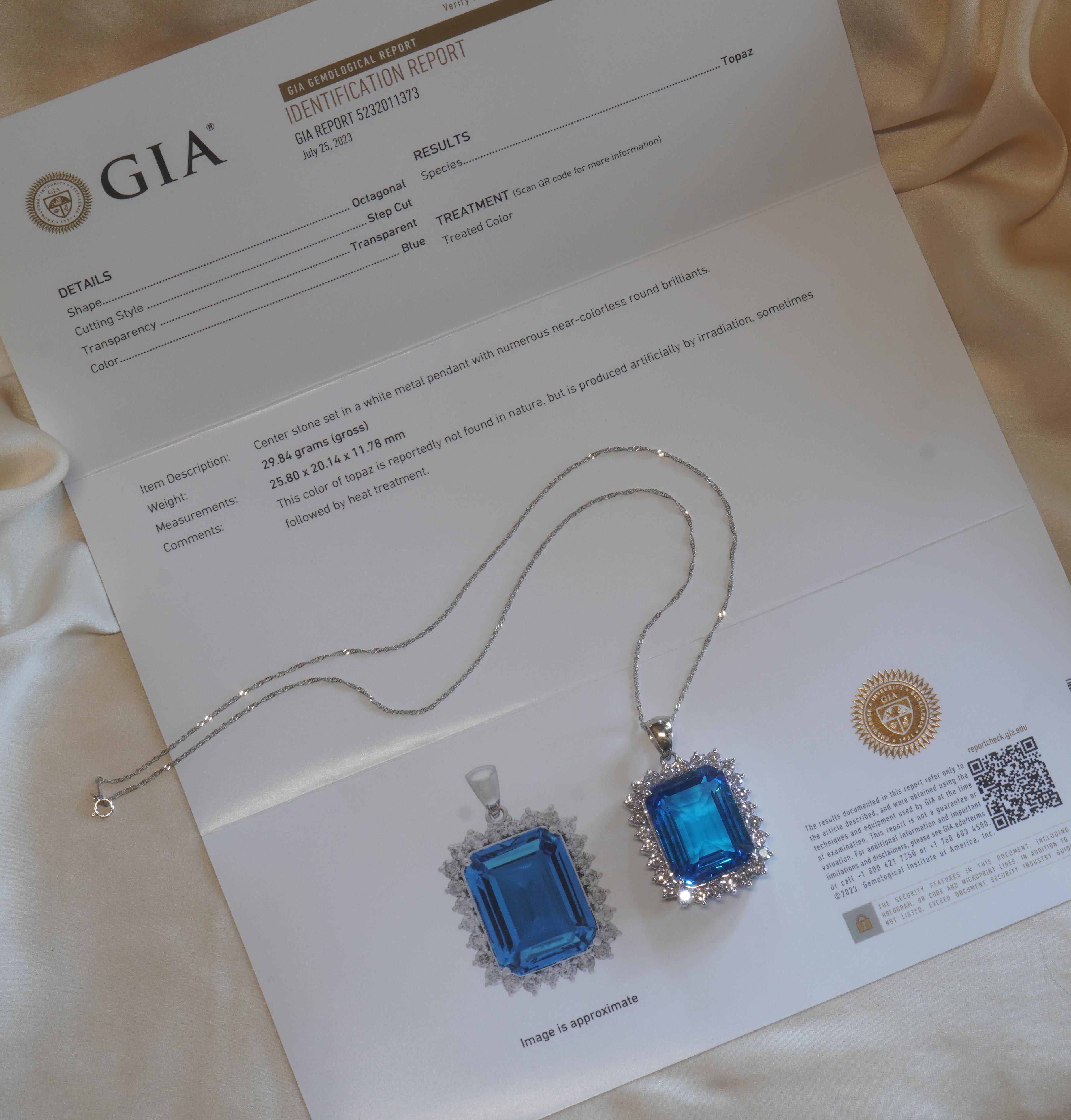 Emerald Cut GIA Topaz 14K Pendant Diamond Certified Necklace Vintage VS HUGE 62.27 Carats! For Sale