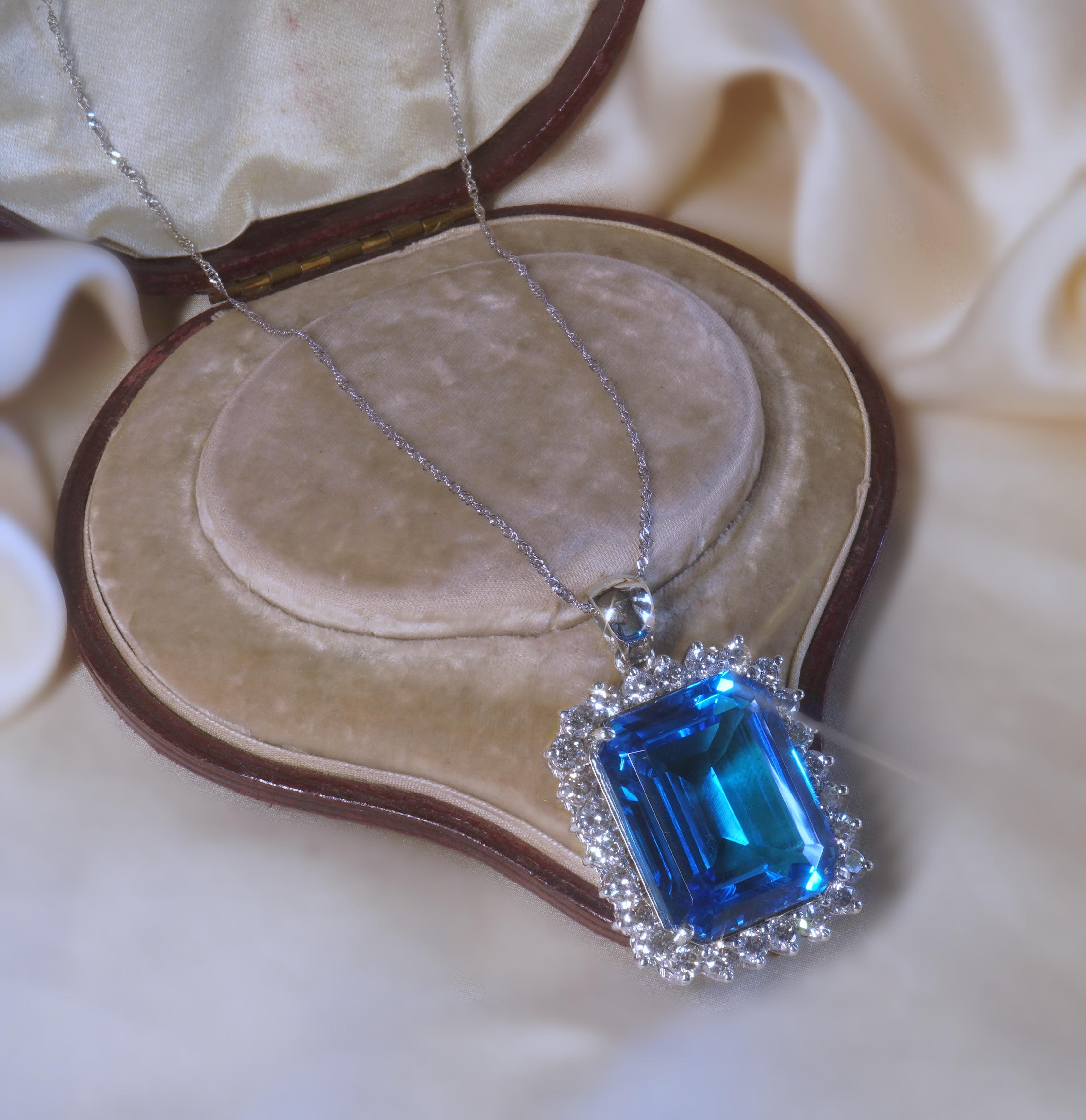 Women's GIA Topaz 14K Pendant Diamond Certified Necklace Vintage VS HUGE 62.27 Carats! For Sale