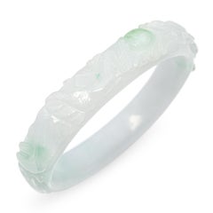 GIA Translucent Variegated Light Gray & Green Carved Jadeite Bangle Bracelet