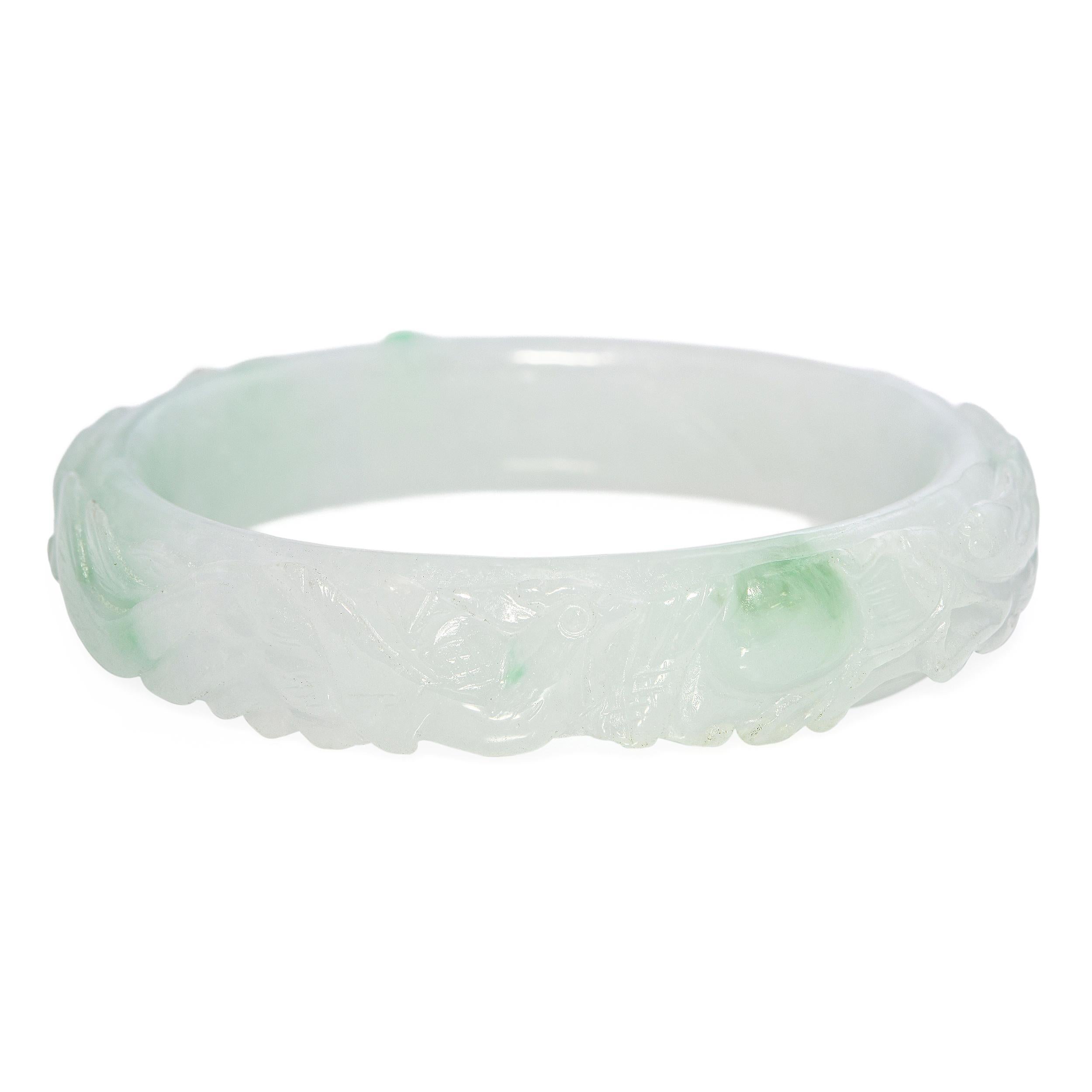 Round Cut GIA Translucent Variegated Light Gray & Green Carved Jadeite Bangle Bracelet For Sale