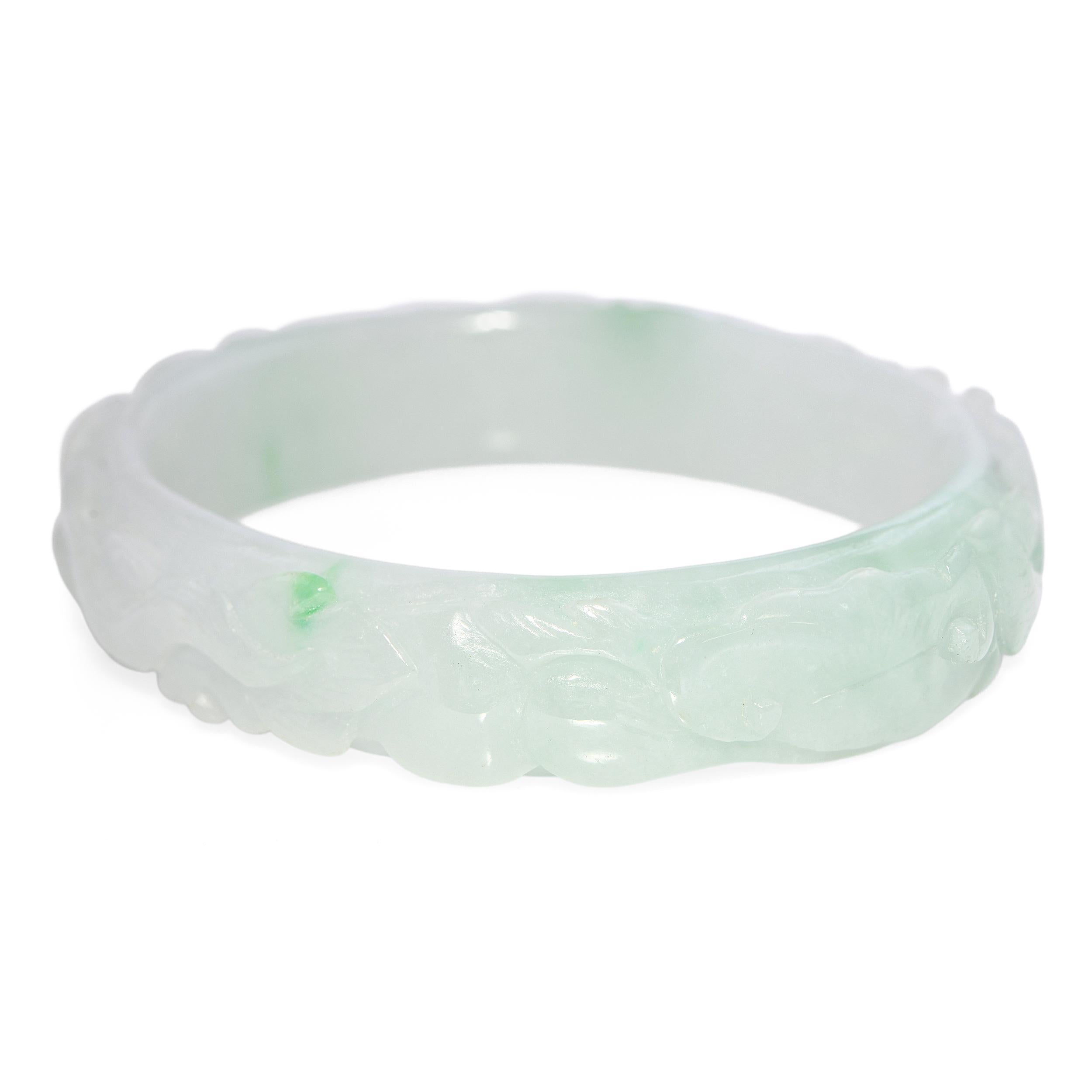 Women's or Men's GIA Translucent Variegated Light Gray & Green Carved Jadeite Bangle Bracelet For Sale