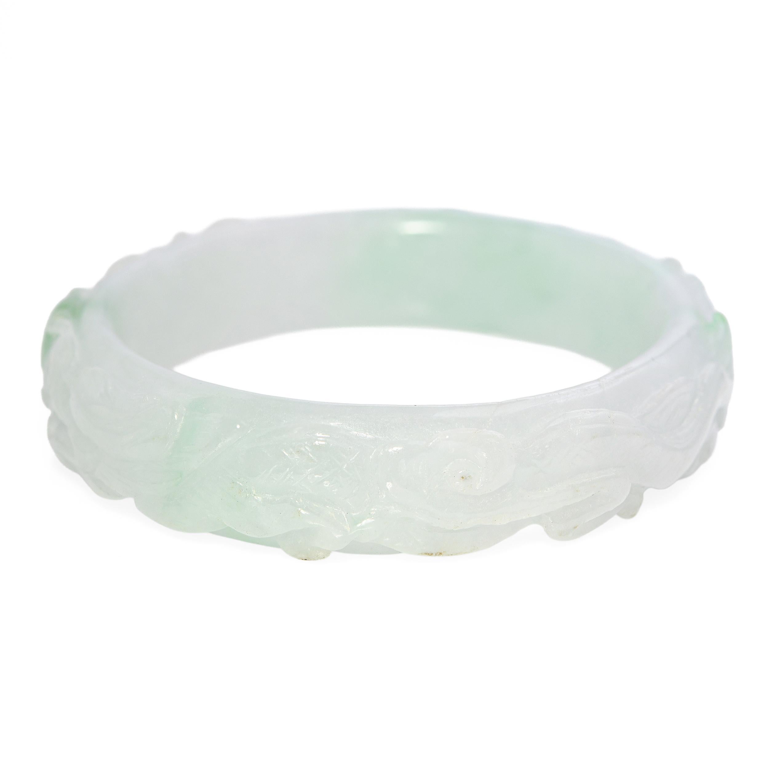 GIA Translucent Variegated Light Gray & Green Carved Jadeite Bangle Bracelet For Sale 2