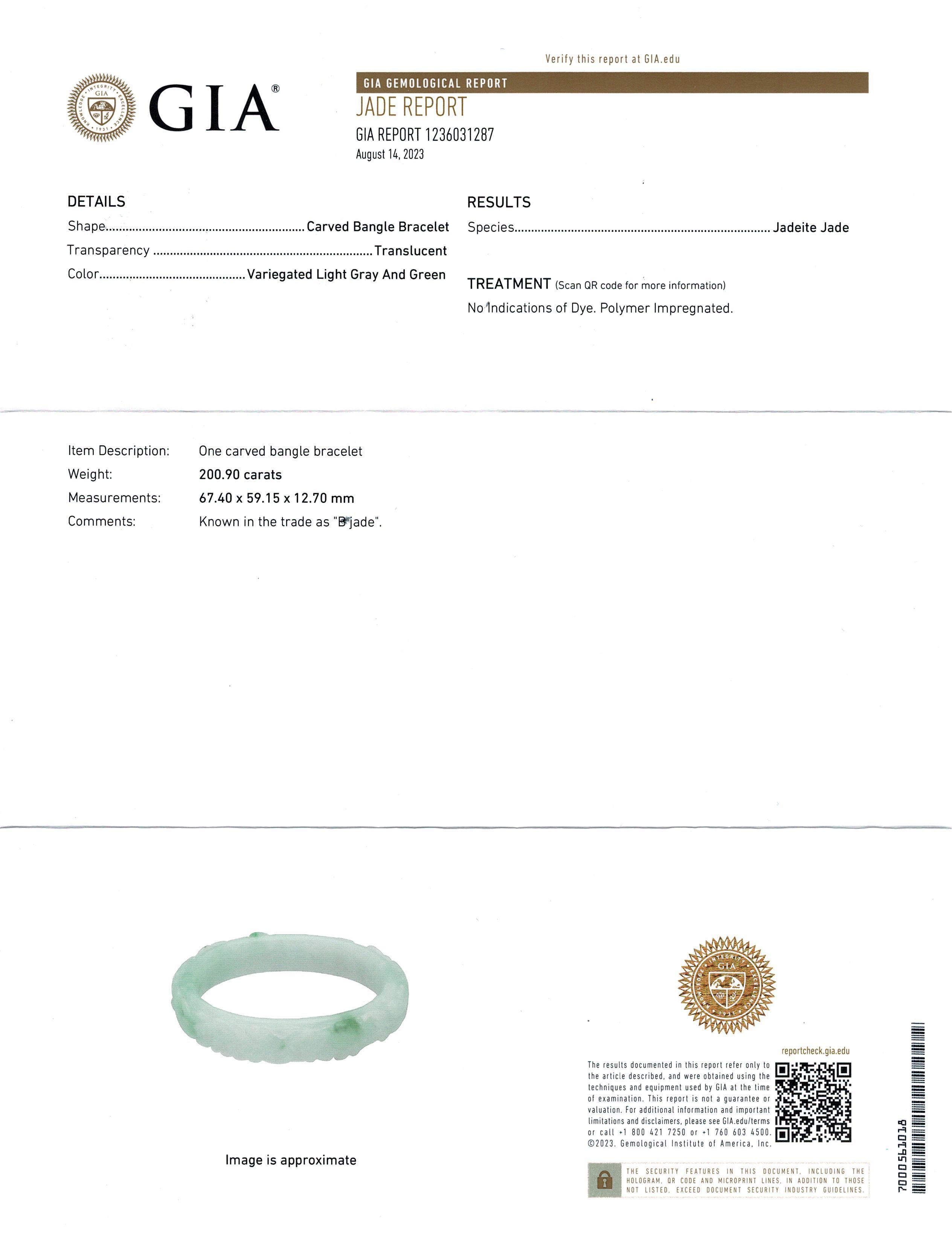 GIA Translucent Variegated Light Gray & Green Carved Jadeite Bangle Bracelet For Sale 4