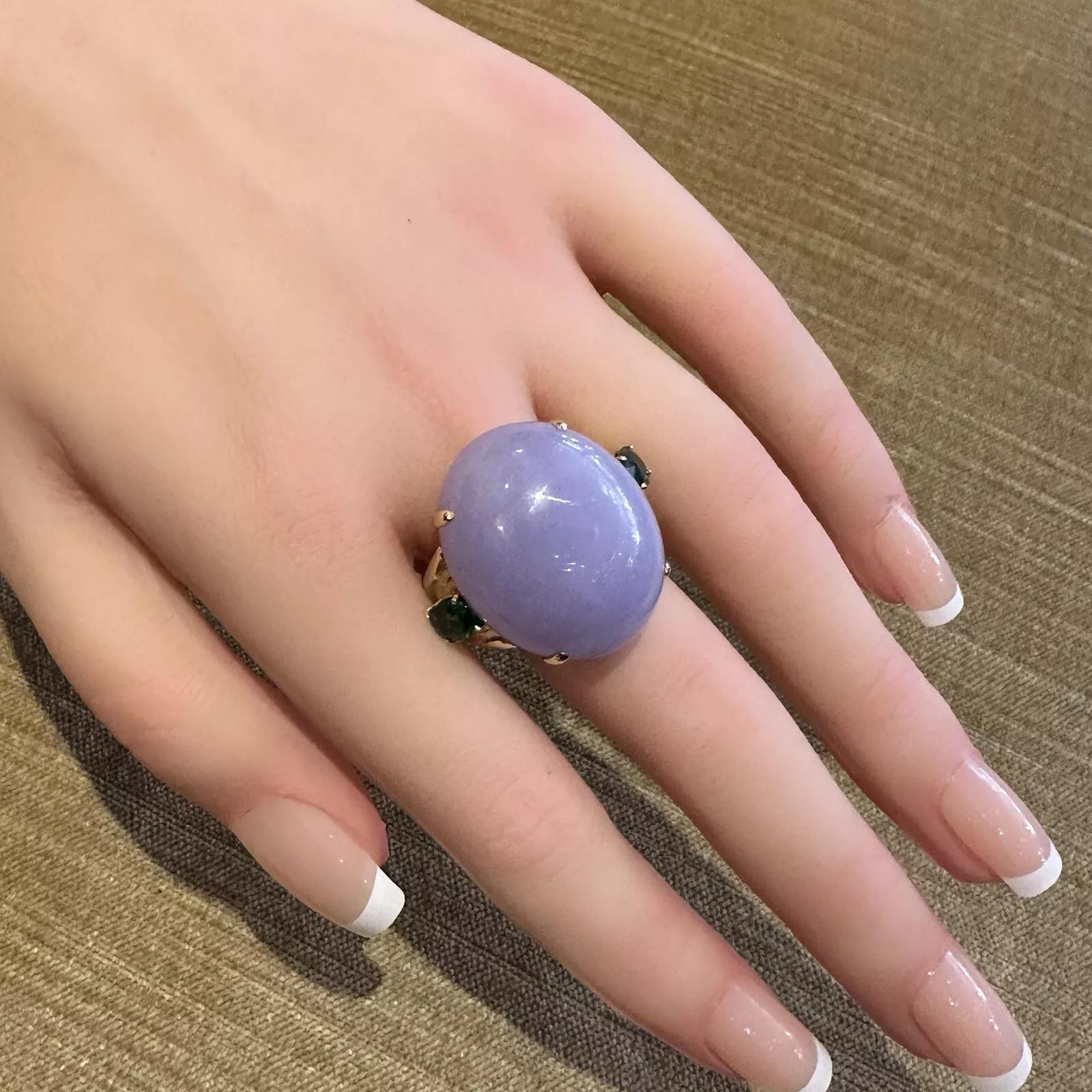 Cabochon GIA Type A 55.41 carat Natural Purple Jadeite Jade Ring in 18k Yellow Gold For Sale