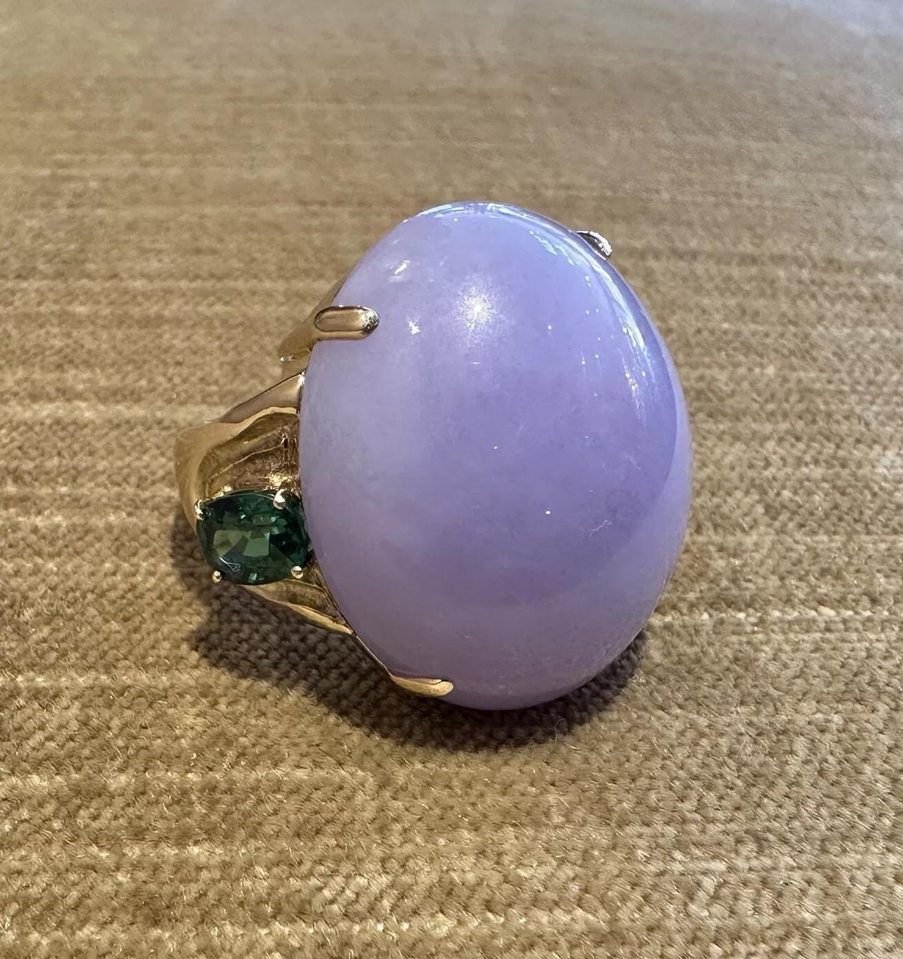 GIA Type A 55.41 carat Natural Purple Jadeite Jade Ring in 18k Yellow Gold In Excellent Condition For Sale In La Jolla, CA