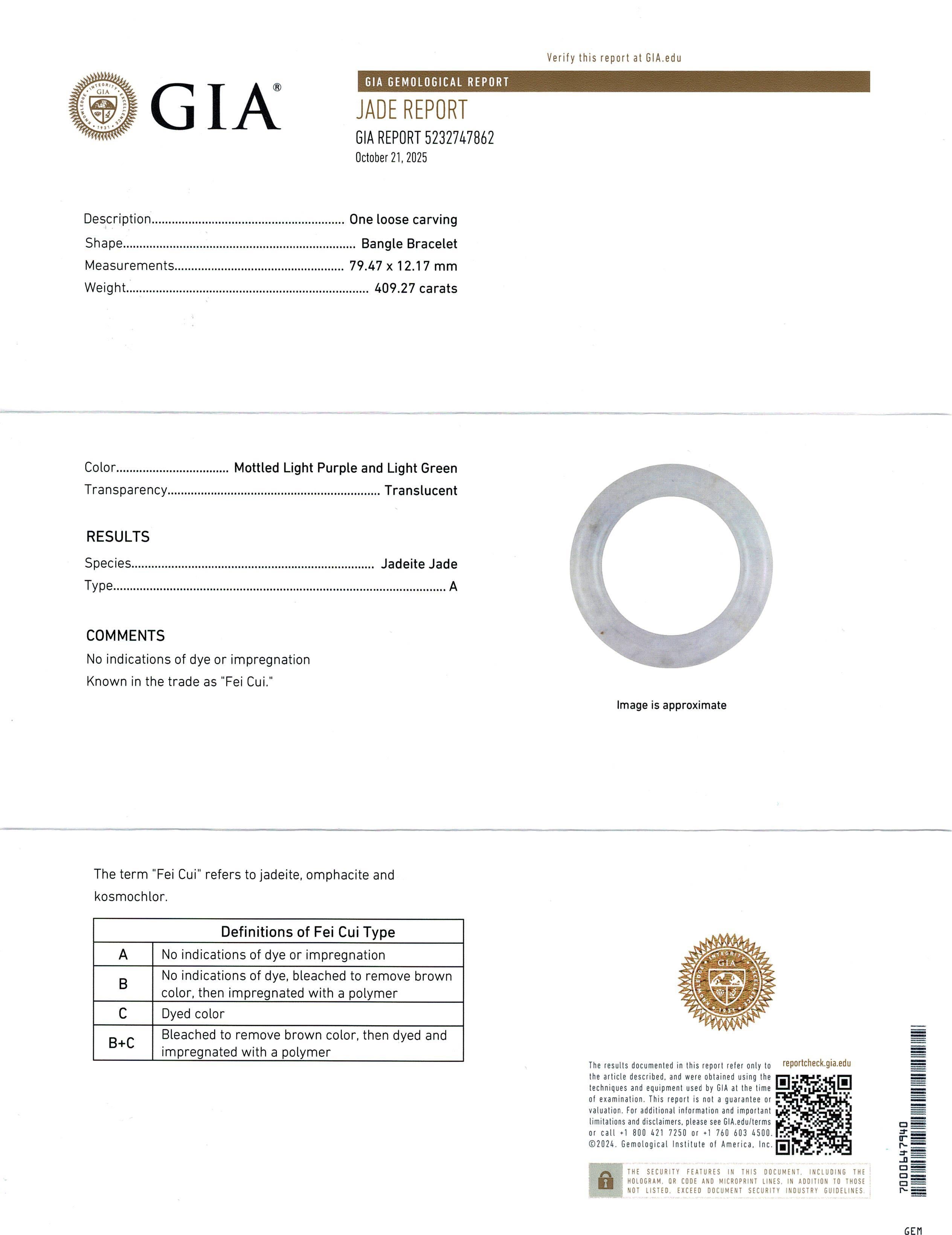 Bracelet en jadéite translucide de type GIA A tachetée de violet clair et de vert clair en vente 2