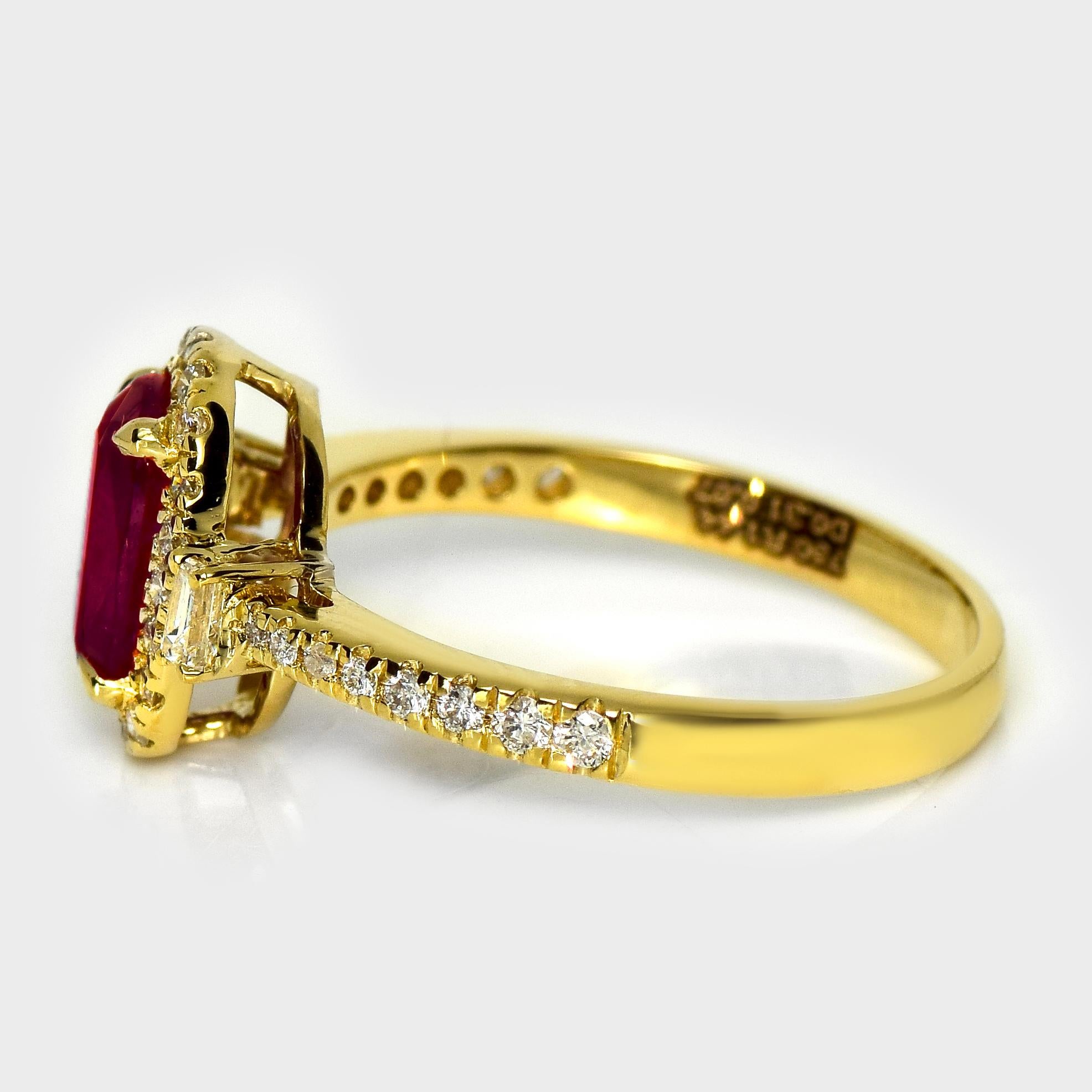 Taille coussin GIA Bague de fiançailles en or jaune 18 carats de 1,44 ct de rubis afghan non chauffé en vente