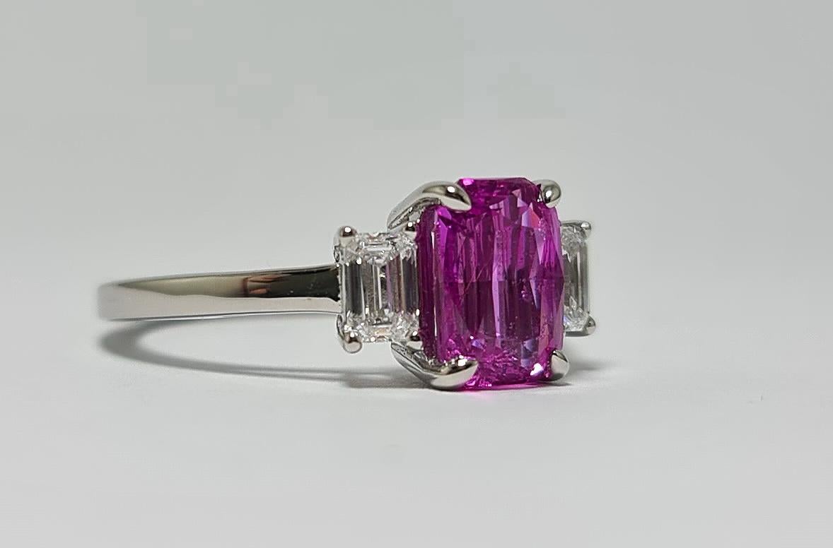 Women's or Men's GIA Unheated 2.55CT Vivid Pink Sapphire 2 Emerald Cut Diamonds Platinum 950 For Sale