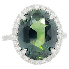 GIA Unheated Blue Green Sapphire and White Diamond Cocktail Ring in Platinum