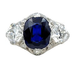 GIA Unheated Blue Sapphire and Diamond Vintage 3 Stone Platinum Filigree Ring