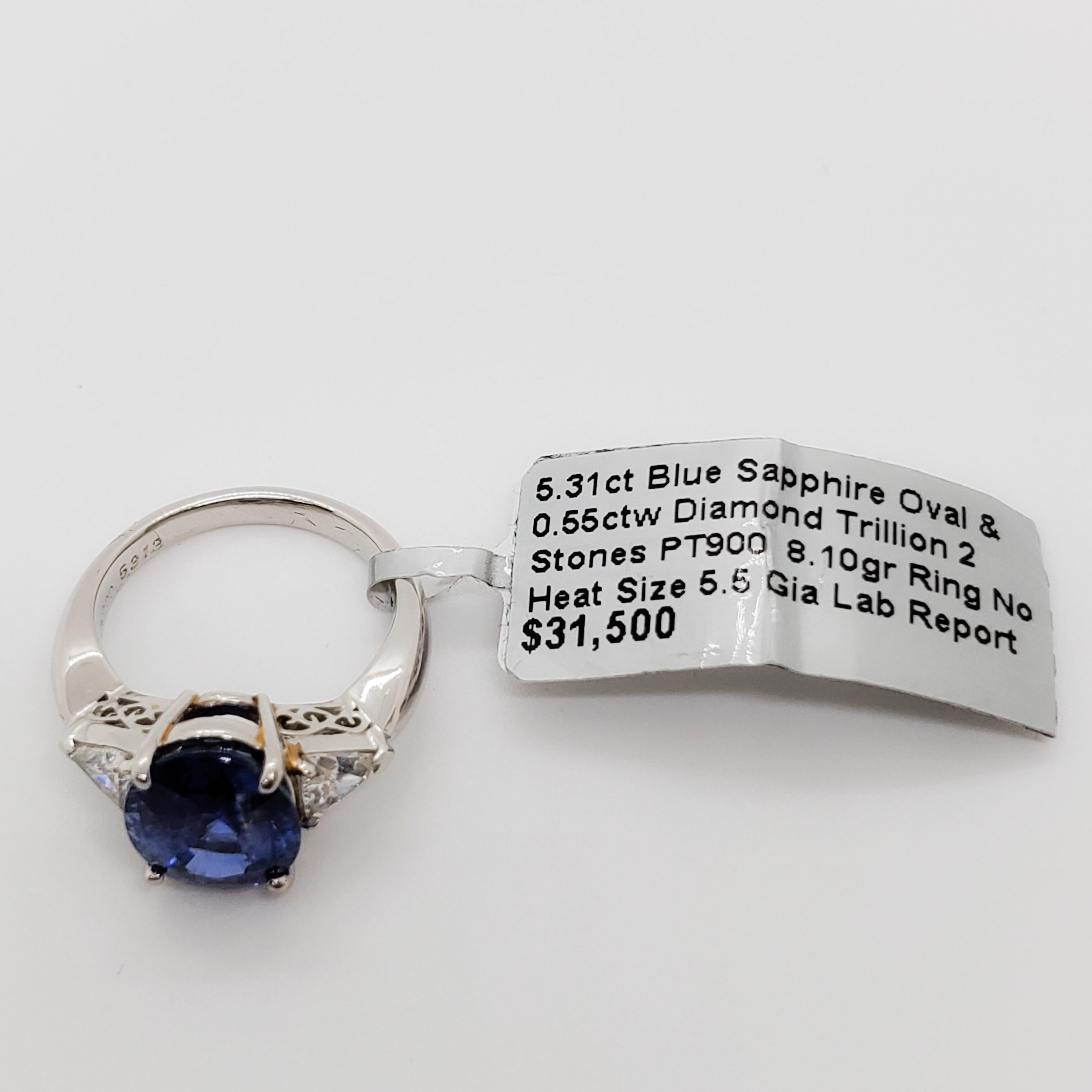 GIA Unheated Blue Sapphire Oval and White Diamond Three-Stone Ring 1