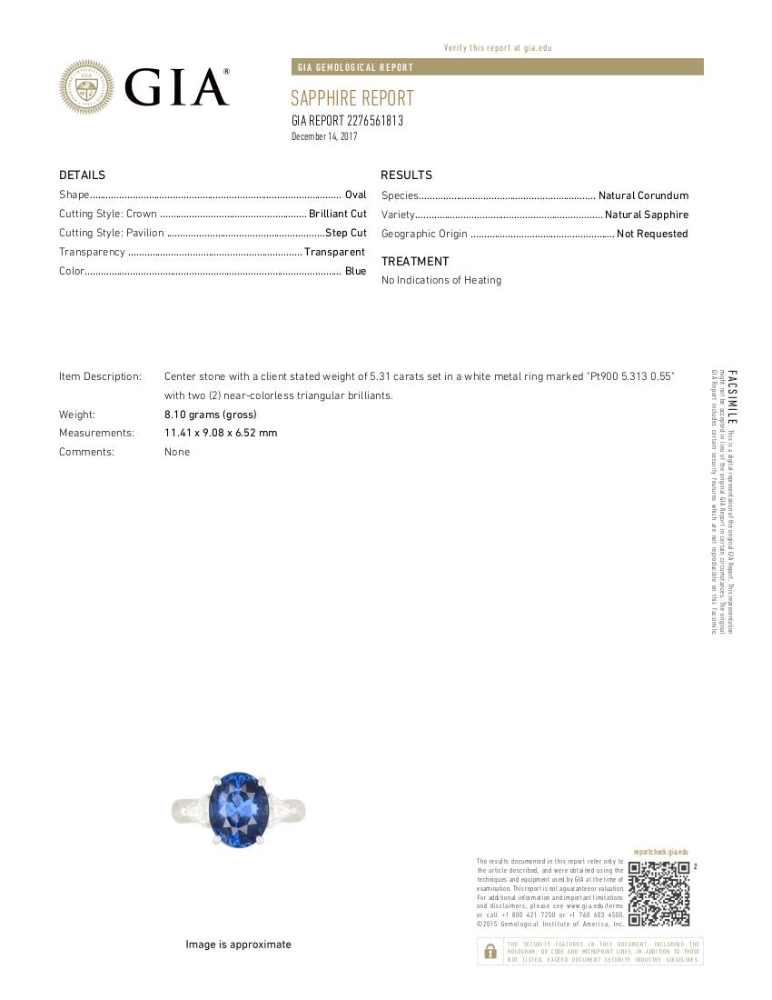 GIA Unheated Blue Sapphire Oval and White Diamond Three-Stone Ring 2