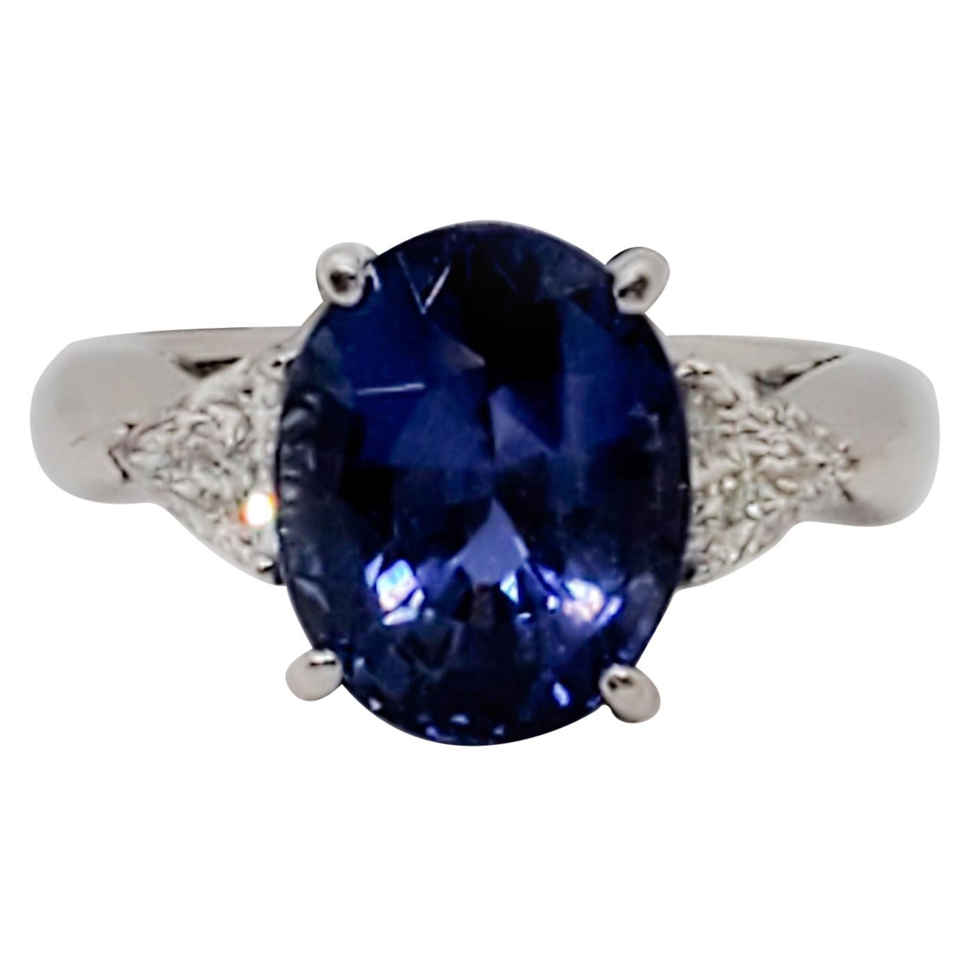 GIA Unheated Blue Sapphire Oval and White Diamond Three-Stone Ring