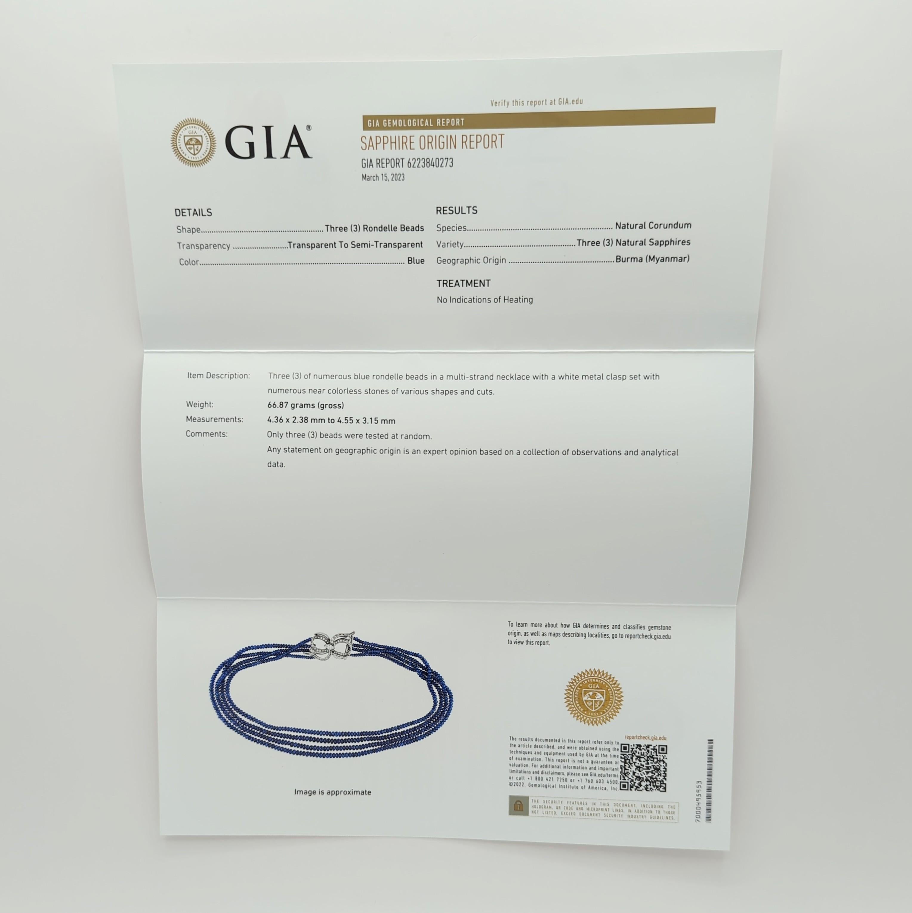 GIA Unheated Burma Blue Sapphire Beads with Diamond and Platinum Clasp For Sale 4