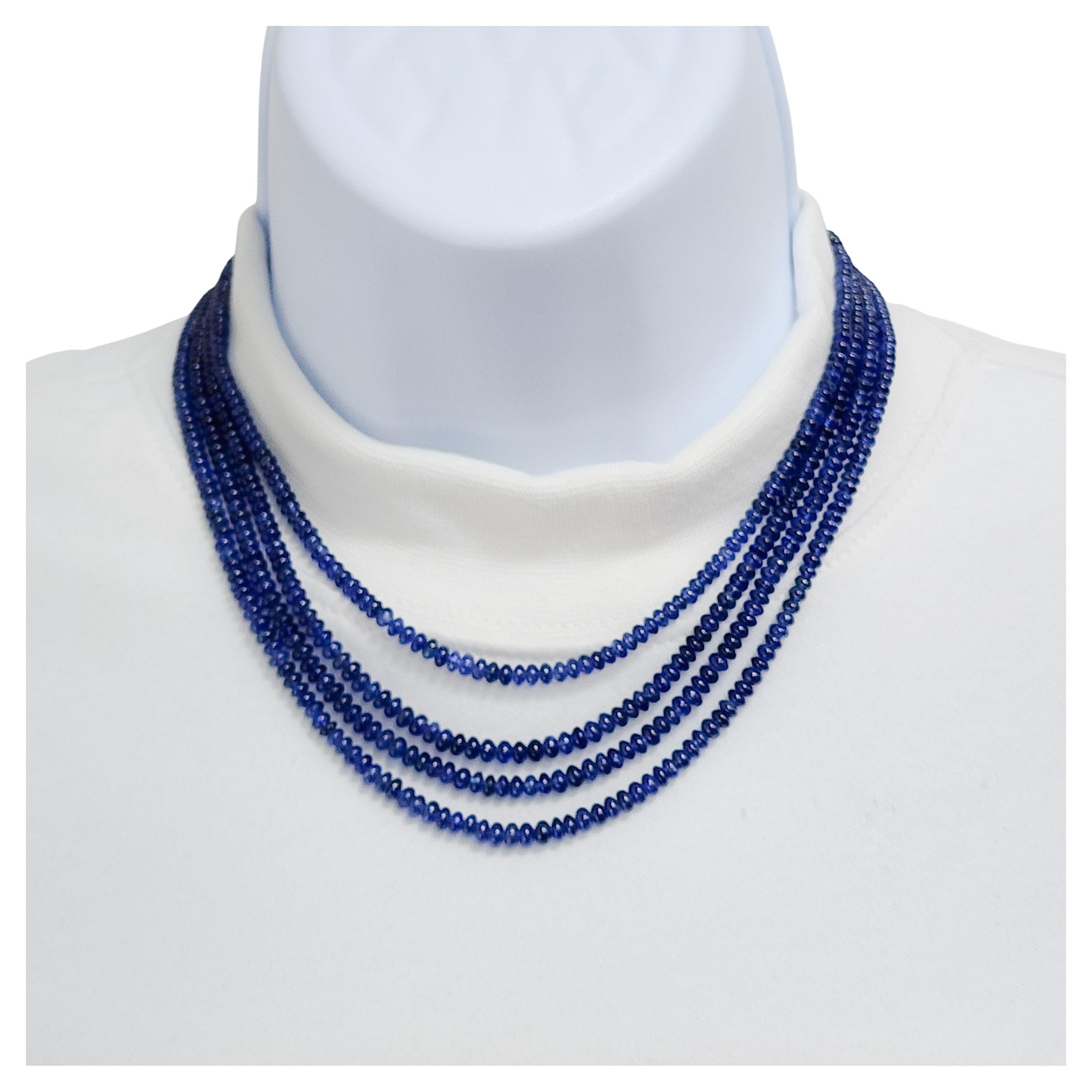 Gorgeous 344.10 ct. unheated Burma blue sapphire beads with good quality, white, and bright diamond marquises, baguettes, and rounds.  Handmade clasp in platinum.  Four total strands of beads.  GIA certificate included.