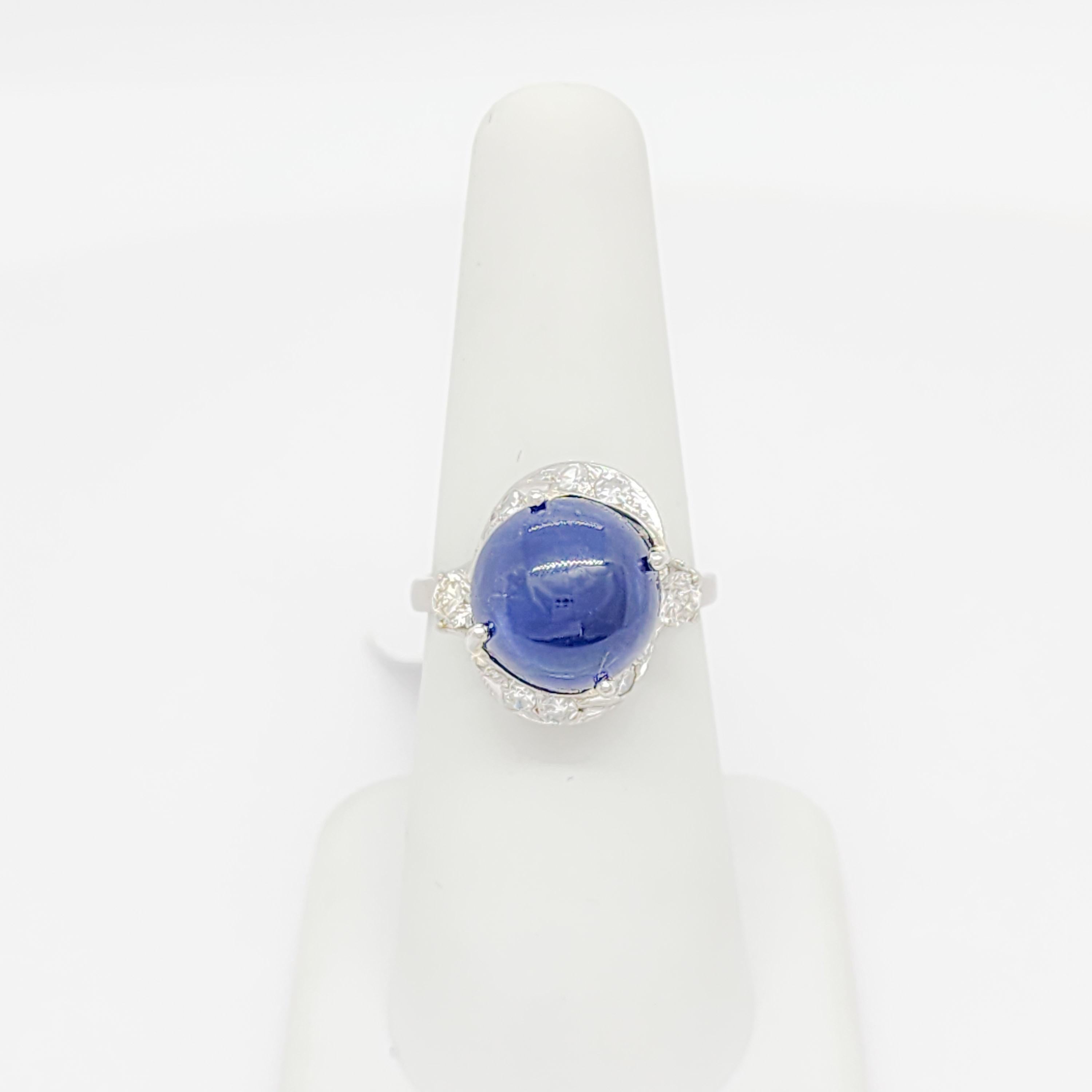 Round Cut GIA Unheated Burma Blue Sapphire Cabochon and White Diamond Ring For Sale