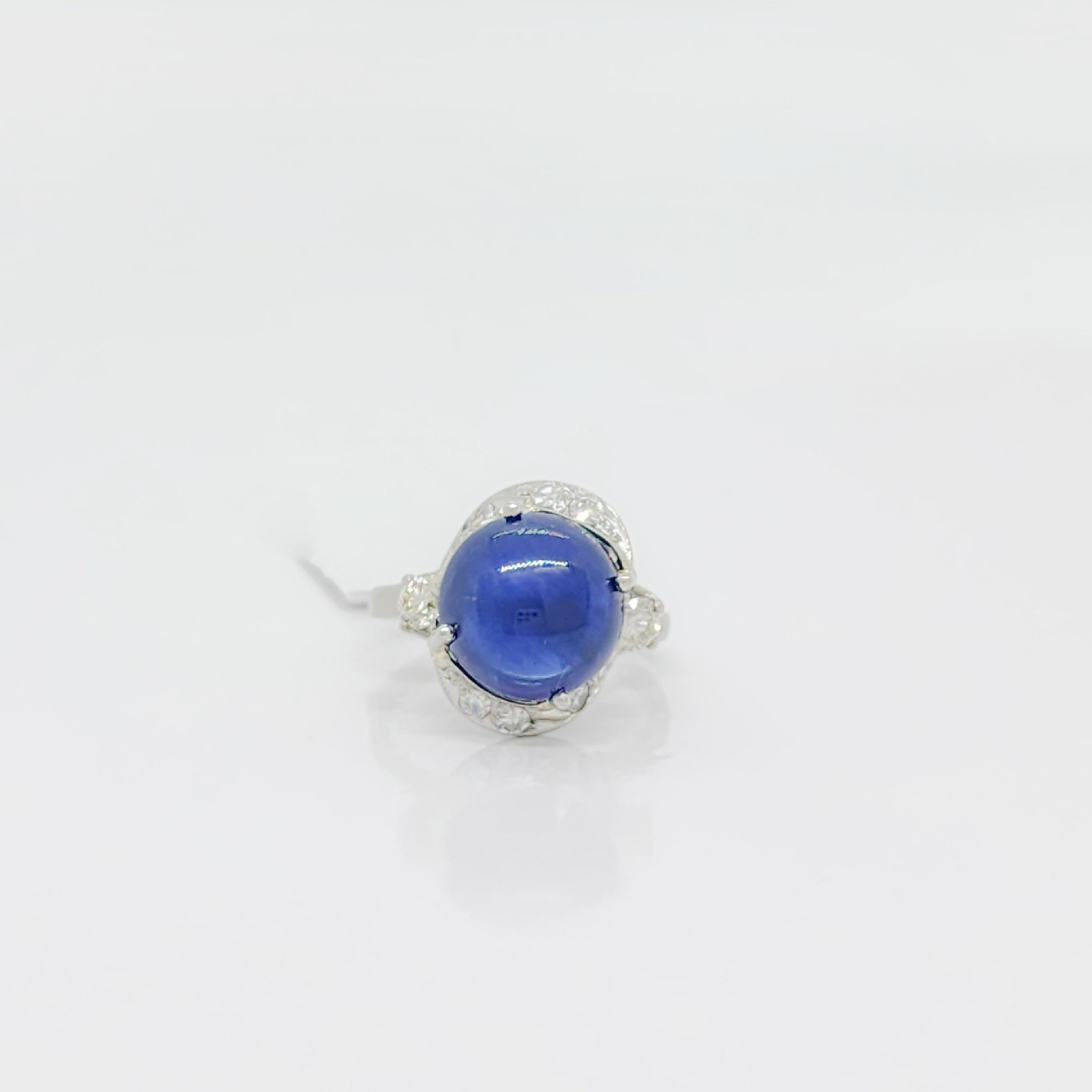 GIA Unheated Burma Blue Sapphire Cabochon and White Diamond Ring In New Condition For Sale In Los Angeles, CA