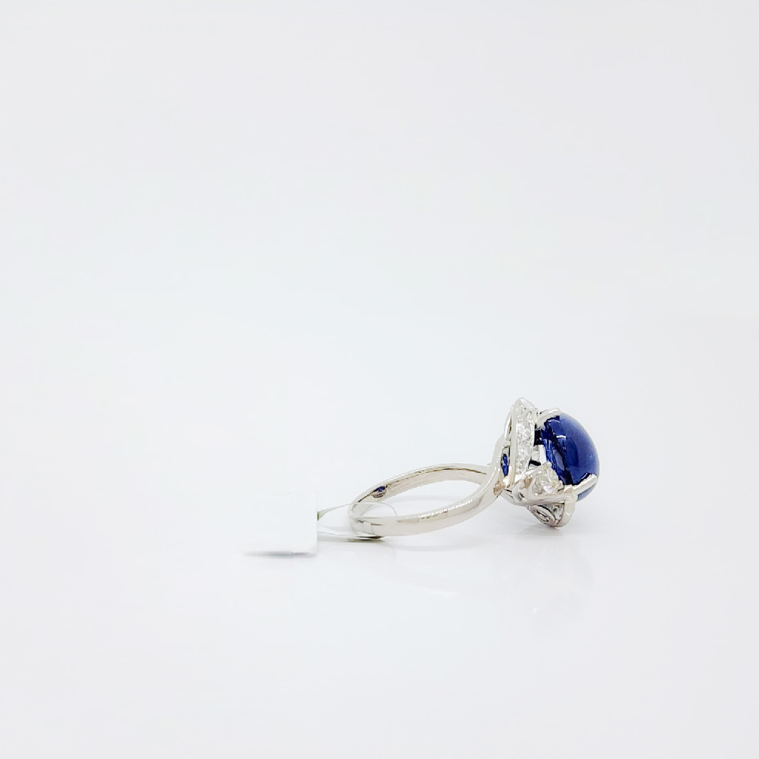 Women's or Men's GIA Unheated Burma Blue Sapphire Cabochon and White Diamond Ring For Sale