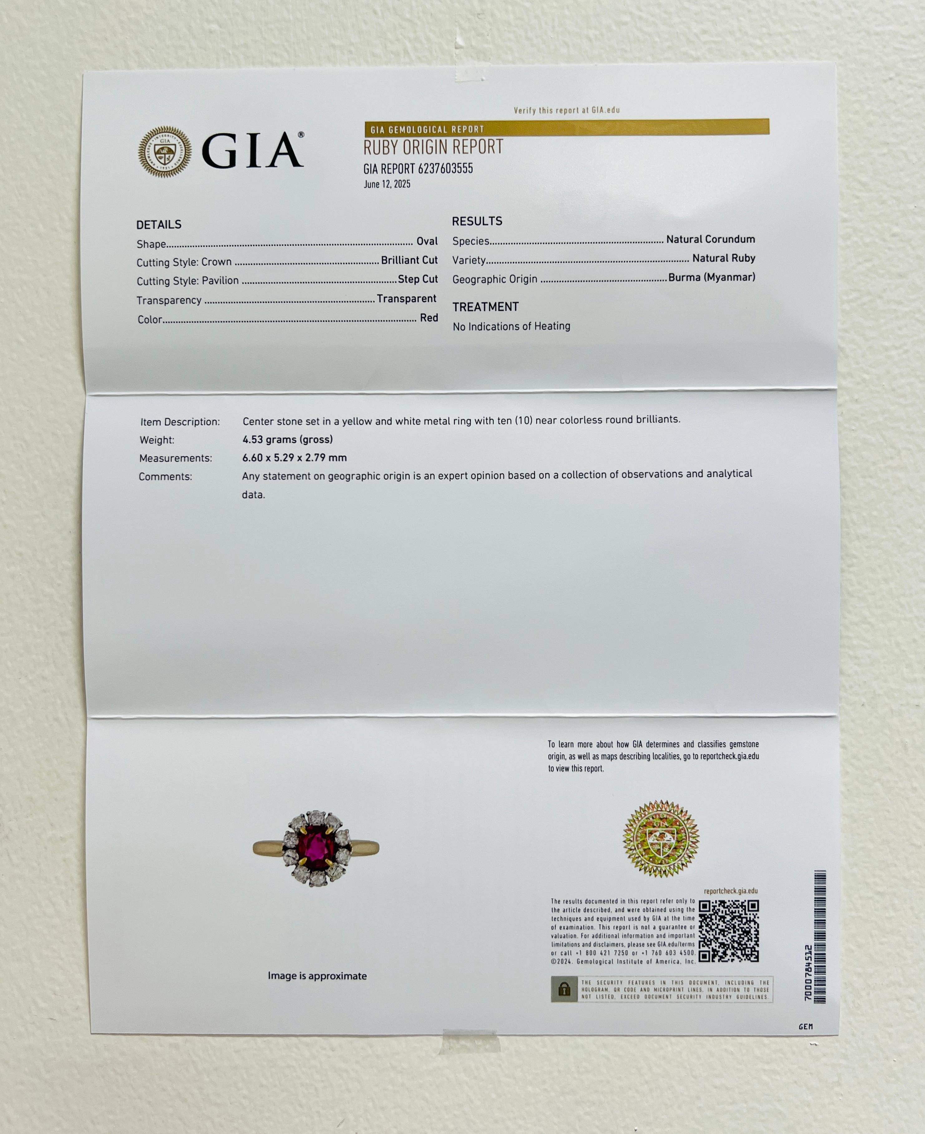 Anello con rubino di Birmania non riscaldato, ovale e diamante bianco in oro 18 carati e platino GIA in vendita 3