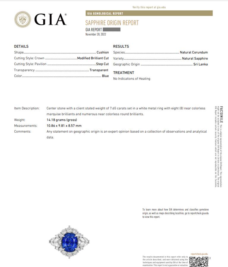 Cushion Cut GIA Unheated Ceylon Sapphire 7.65 Carat and Diamond Ring in Platinum For Sale