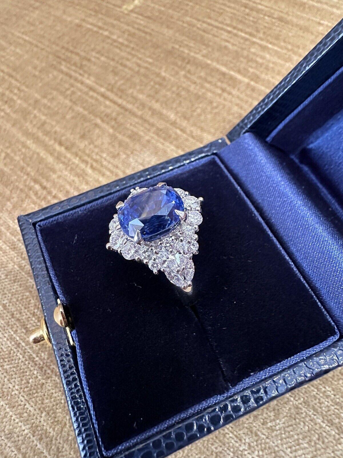 GIA Unheated Ceylon Sapphire 7.65 Carat and Diamond Ring in Platinum For Sale 1