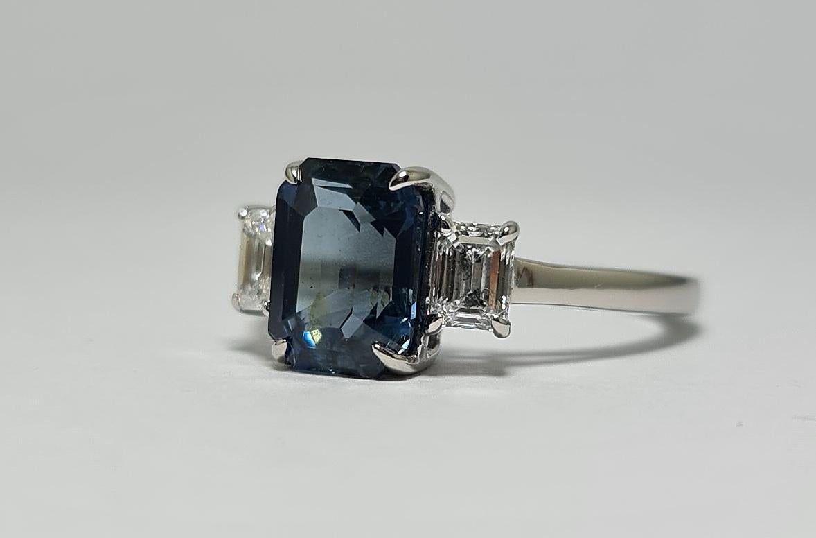 GIA Certified 3.07 Blue Ethiopian Sapphire with 2 GIA Certified Diamonds Set in 950 Platinum Ring  