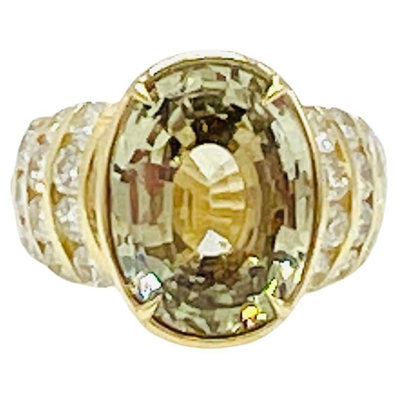 GIA Unheated Grayish Greenish Yellow Sapphire and White Diamond Ring in 18K