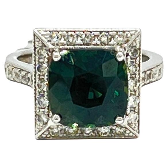 GIA Unheated Green Blue Sapphire and Diamond Cocktail Ring in 18k White Gold