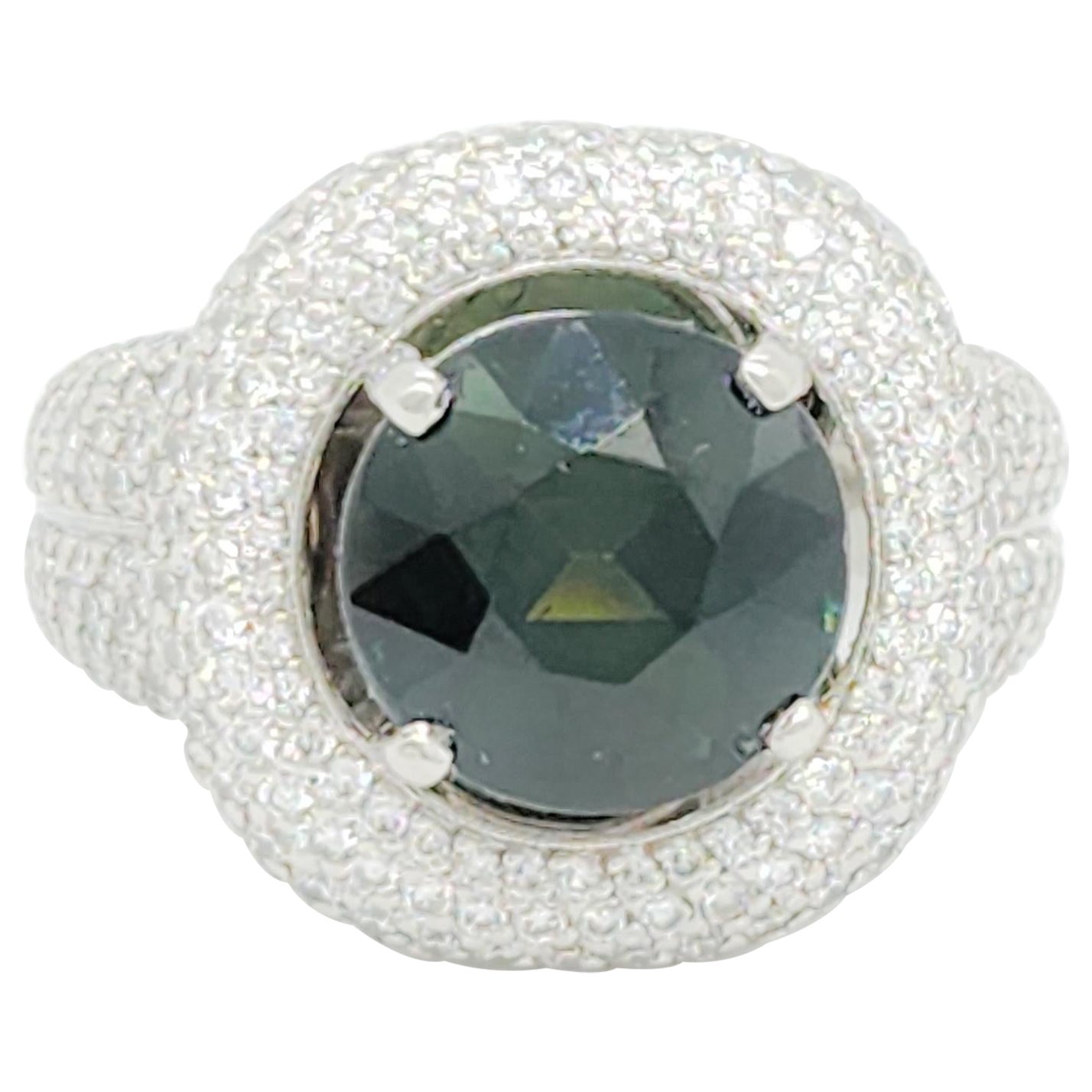 Bague cocktail en platine, saphir bleu verdâtre non chauffé et diamant blanc certifié GIA en vente