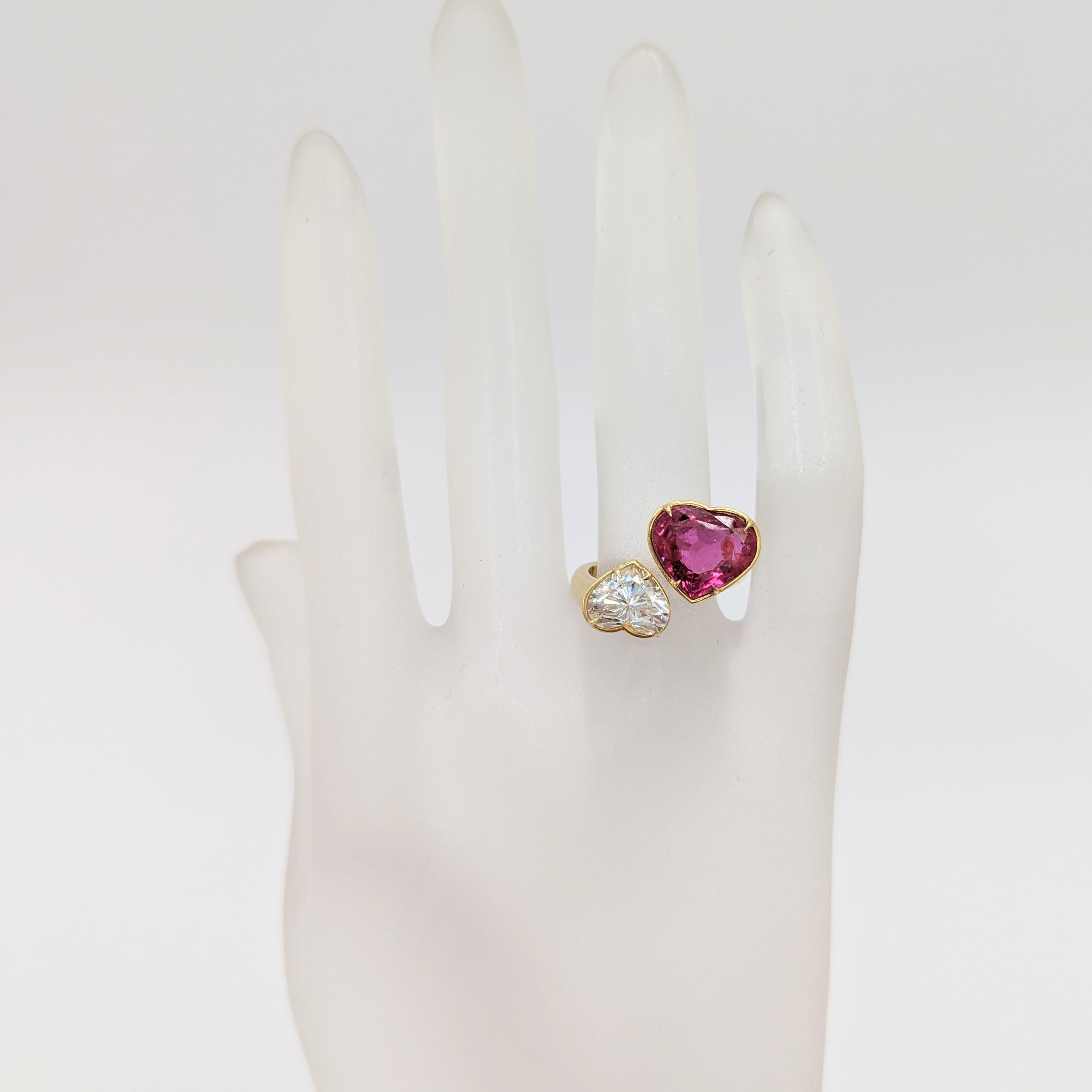 Heart Cut GIA Unheated Heart Shape Ruby & Diamond Bypass Ring in 18 K Yellow Gold For Sale