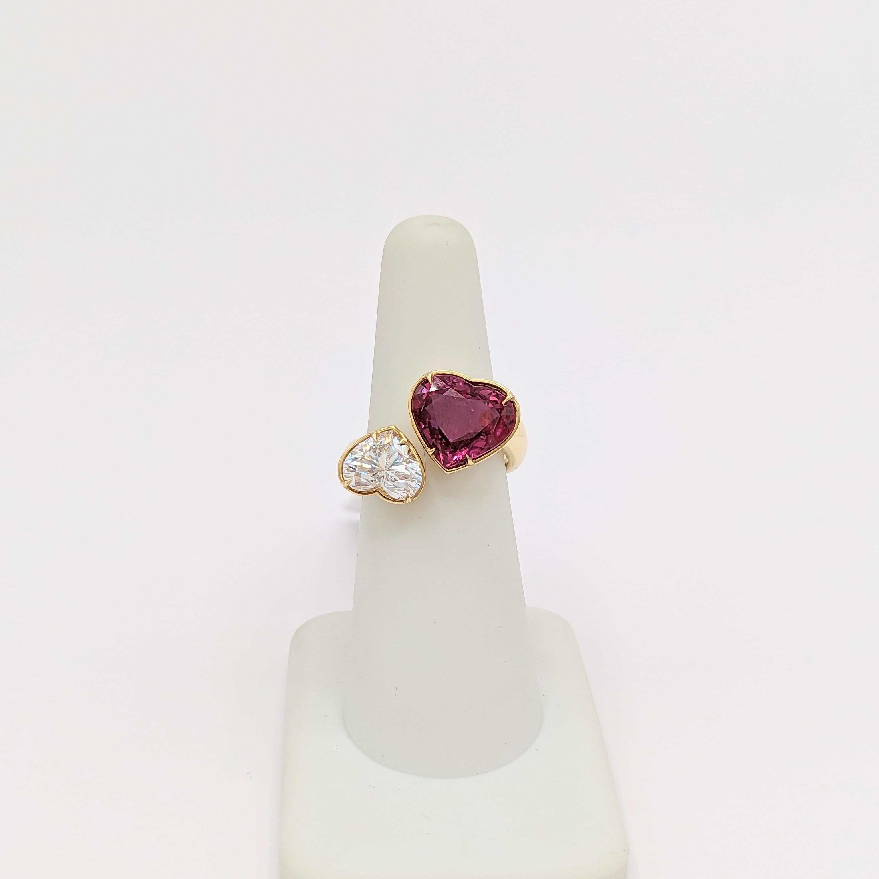 GIA Unheated Heart Shape Ruby & Diamond Bypass Ring in 18 K Yellow Gold In New Condition For Sale In Los Angeles, CA