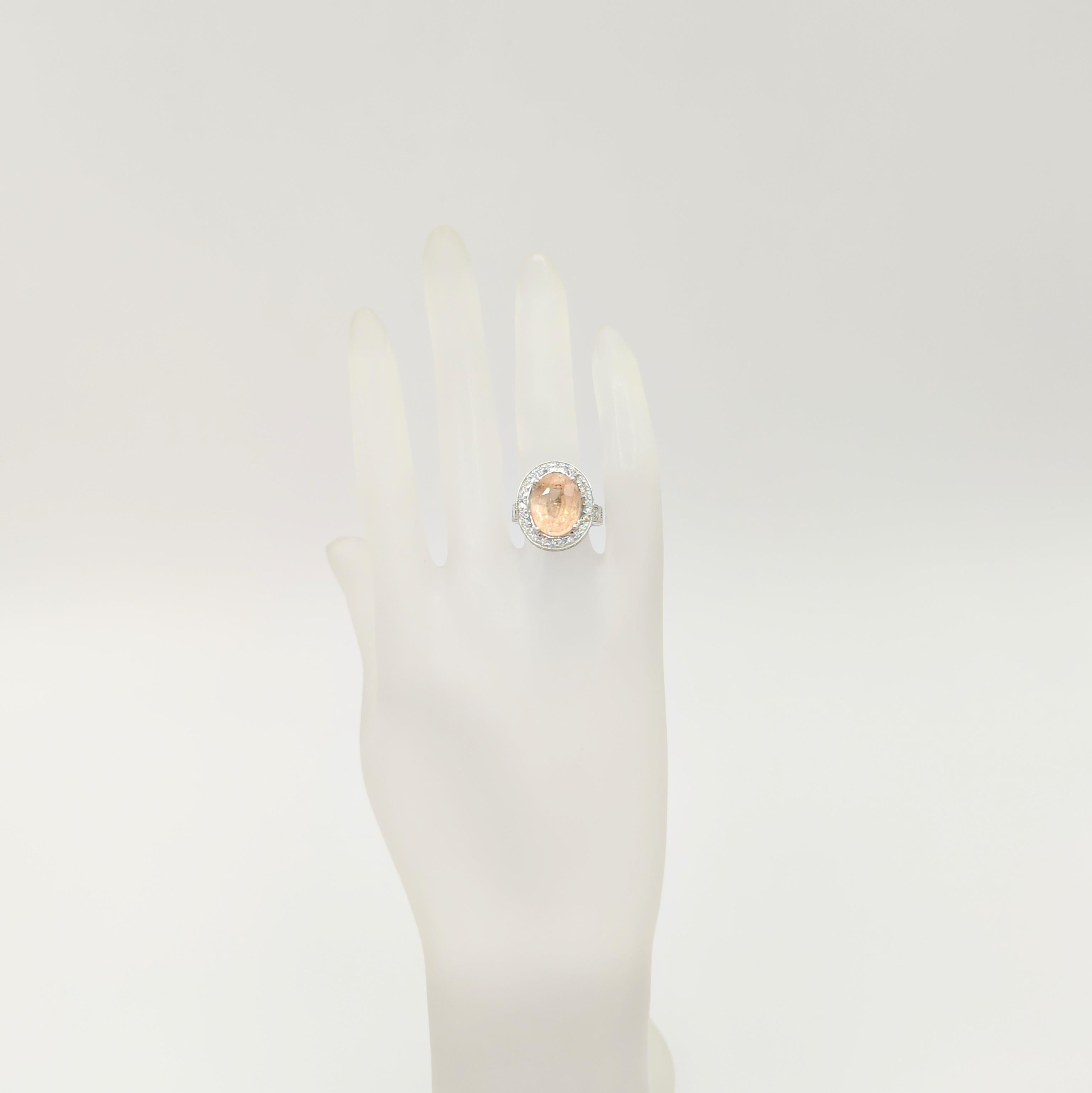 Oval Cut GIA Unheated Light Orange Sapphire and Diamond Cocktail Ring in 18k White Gold For Sale