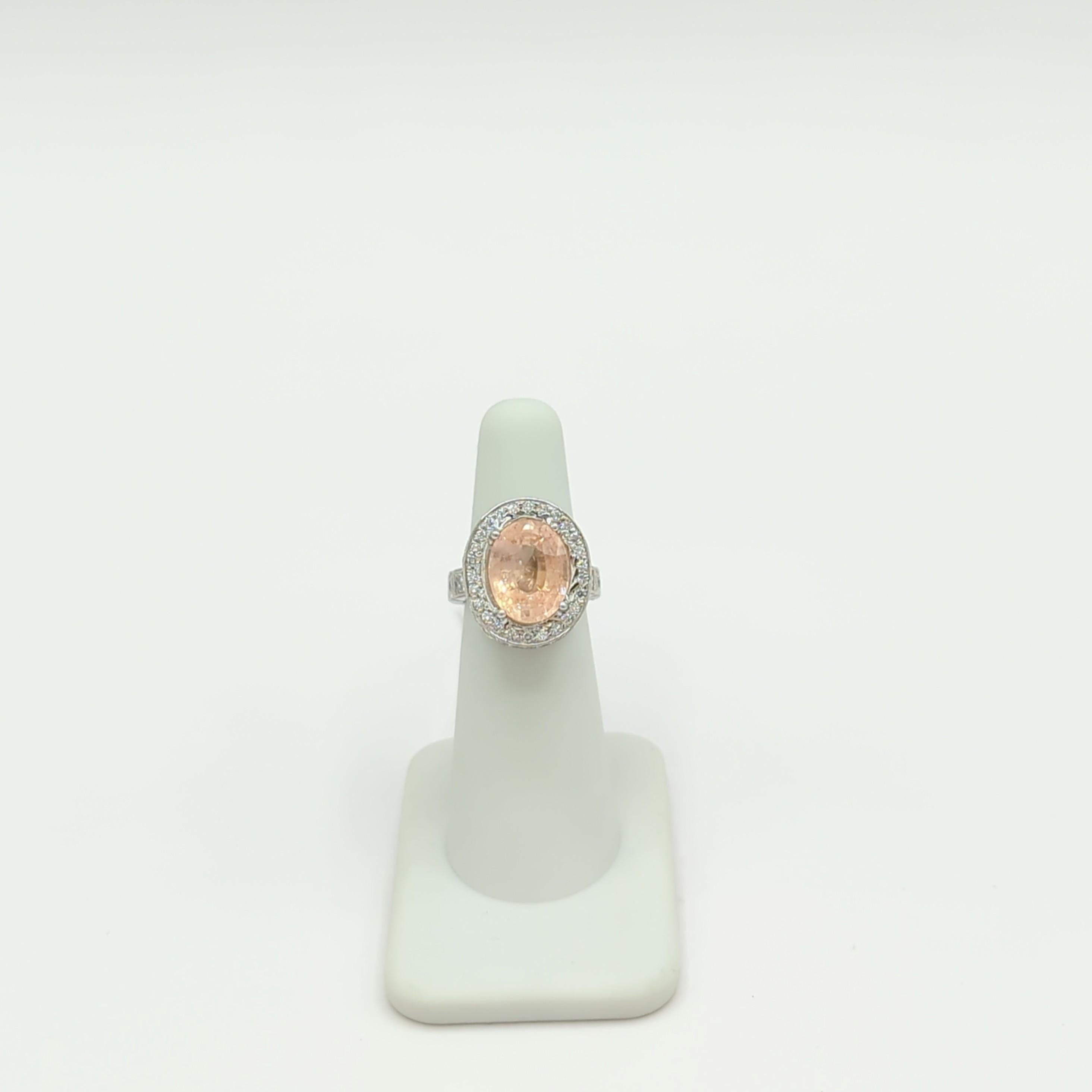 GIA Unheated Light Orange Sapphire and Diamond Cocktail Ring in 18k White Gold For Sale 2