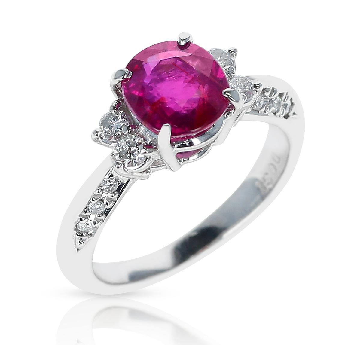 A stunning GIA Unheated Mozambique 2.16 ct. Ruby and Diamond Ring made in Platinum. 

The diamonds weigh 0.35 carats. The ring size is 5.75 US. The total weight of the ring is 5.96 grams.

SKU 133-RBITJYJU