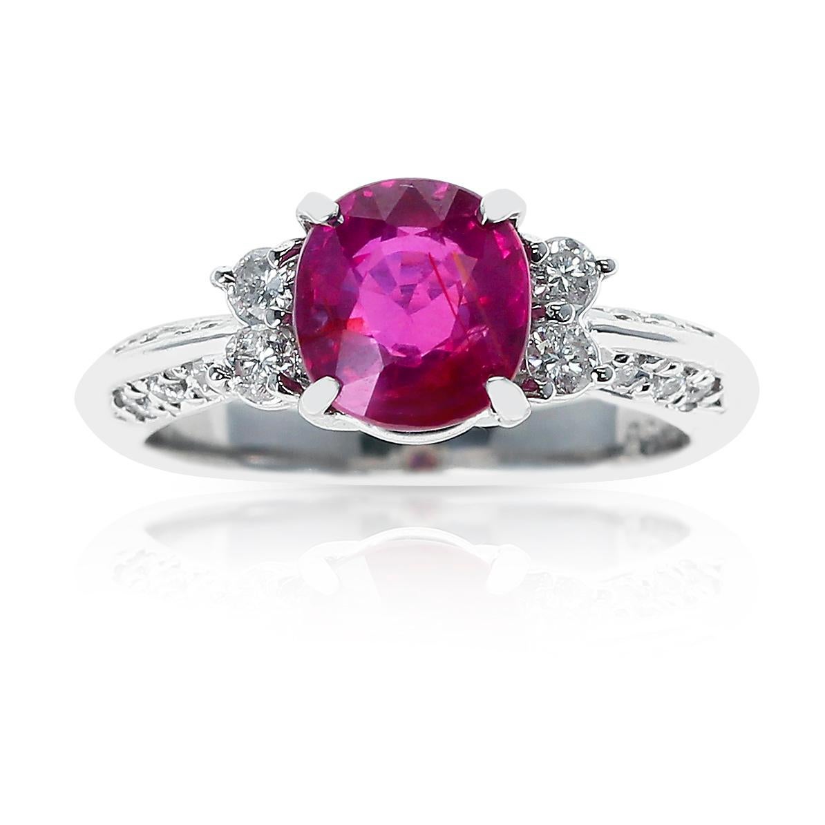 Round Cut GIA Unheated Mozambique 2.16ct, Ruby and Diamond Ring, PT For Sale