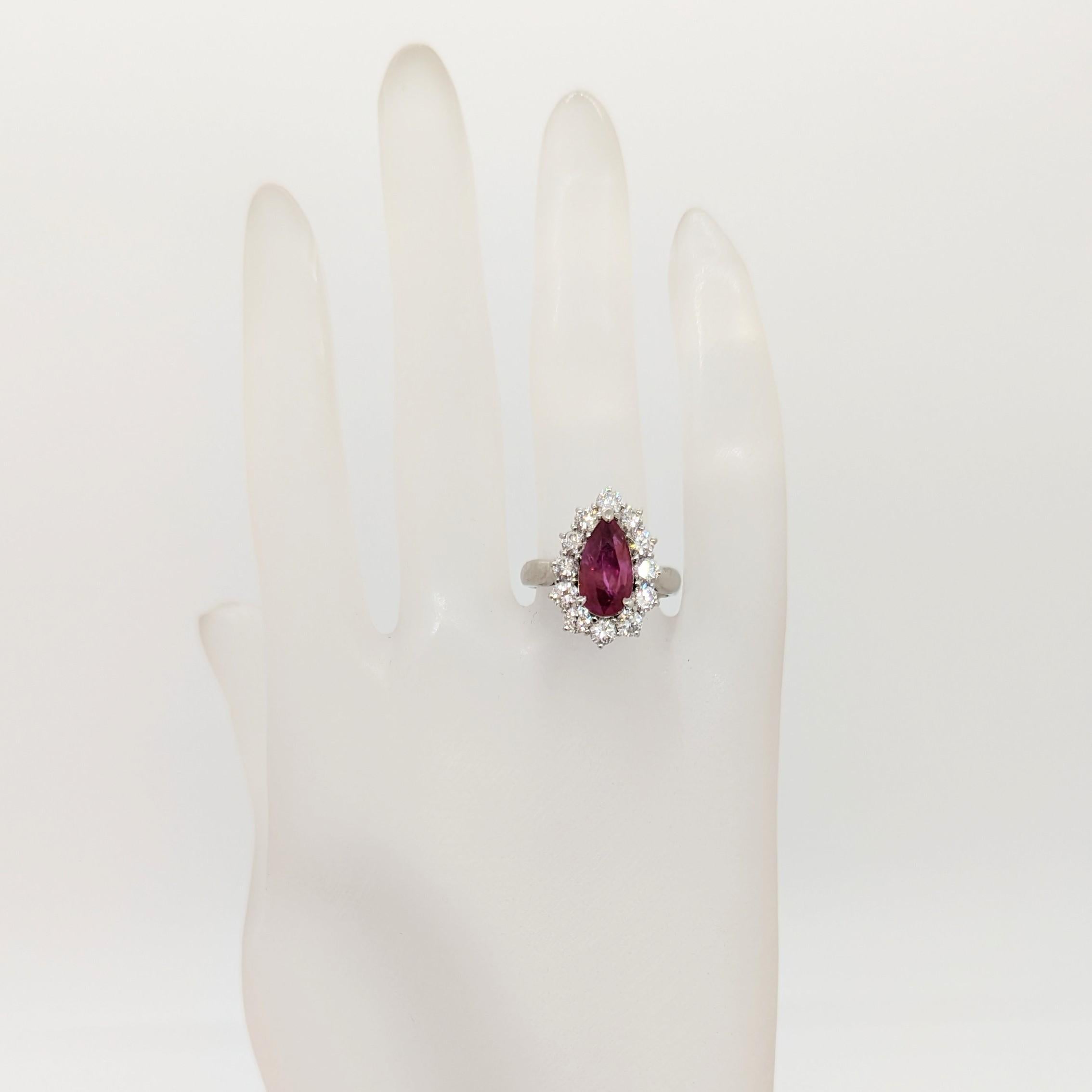 Pear Cut GIA Unheated Mozambique Purplish Red Ruby and White Diamond Ring in Platinum For Sale