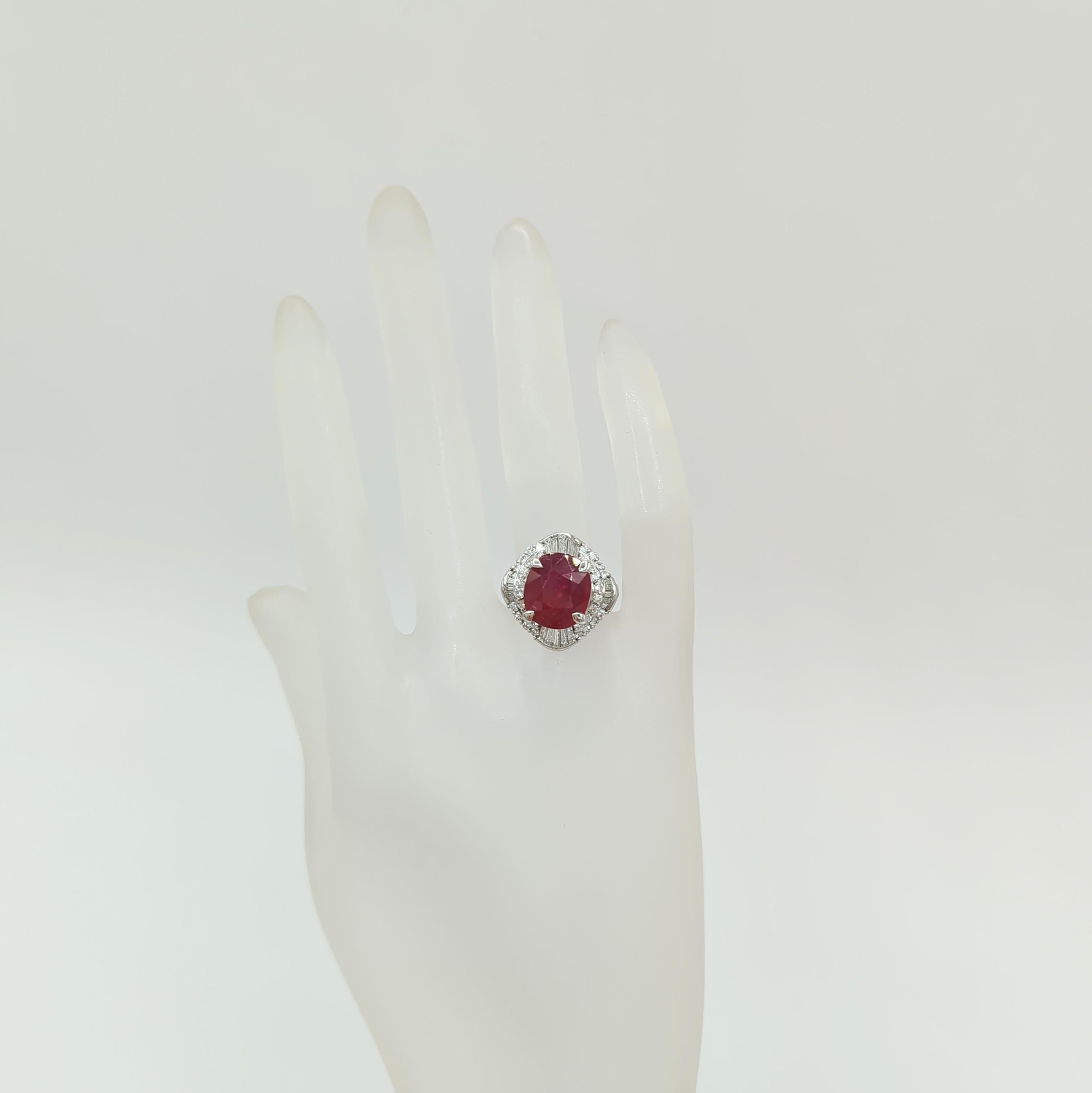 Oval Cut GIA Unheated Mozambique Ruby and White Diamond Cocktail Ring in Platinum For Sale