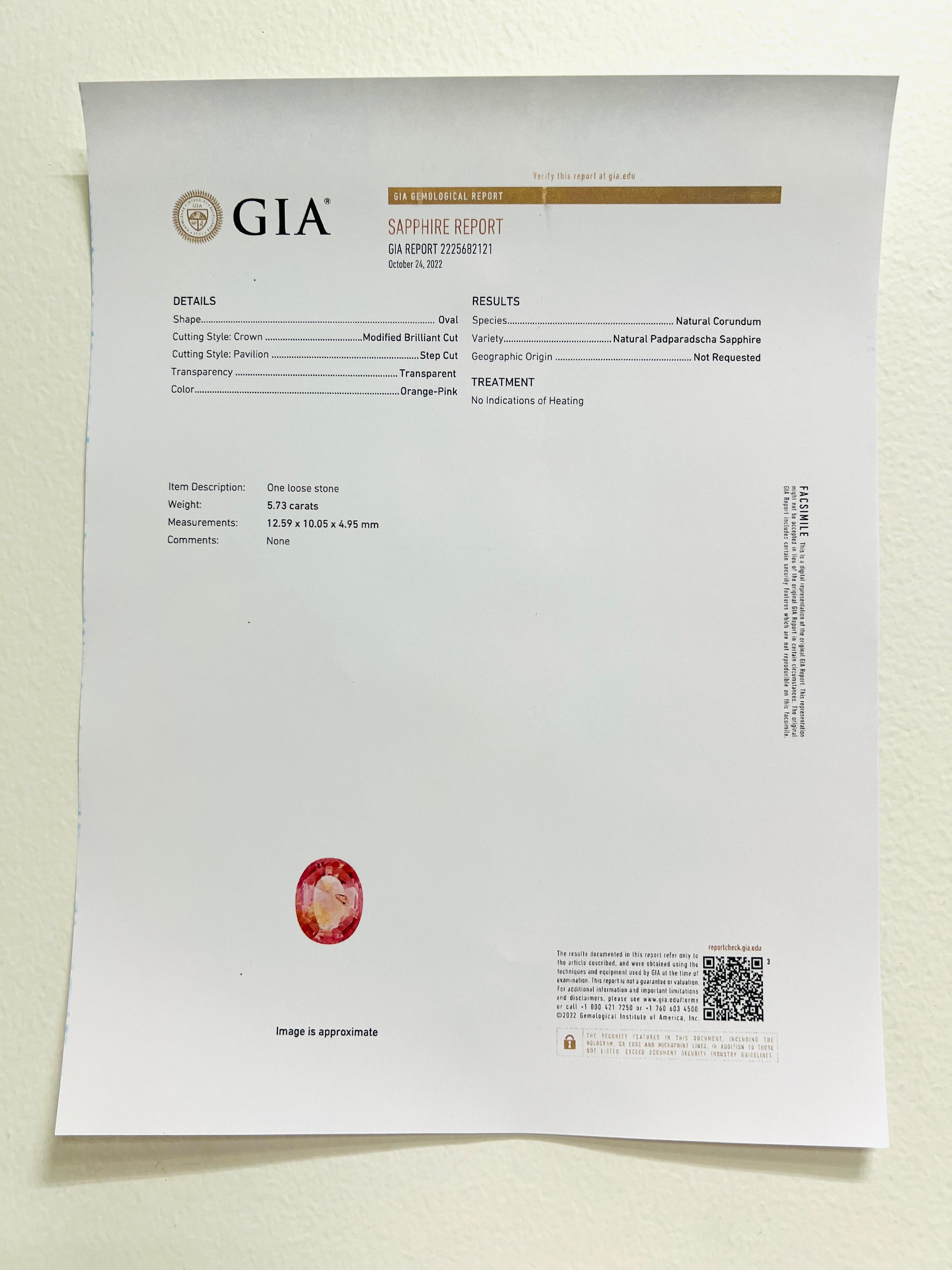 GIA Unheated Orange Pink Padparadscha and White Diamond Ring in 18K Yellow Gold For Sale 5