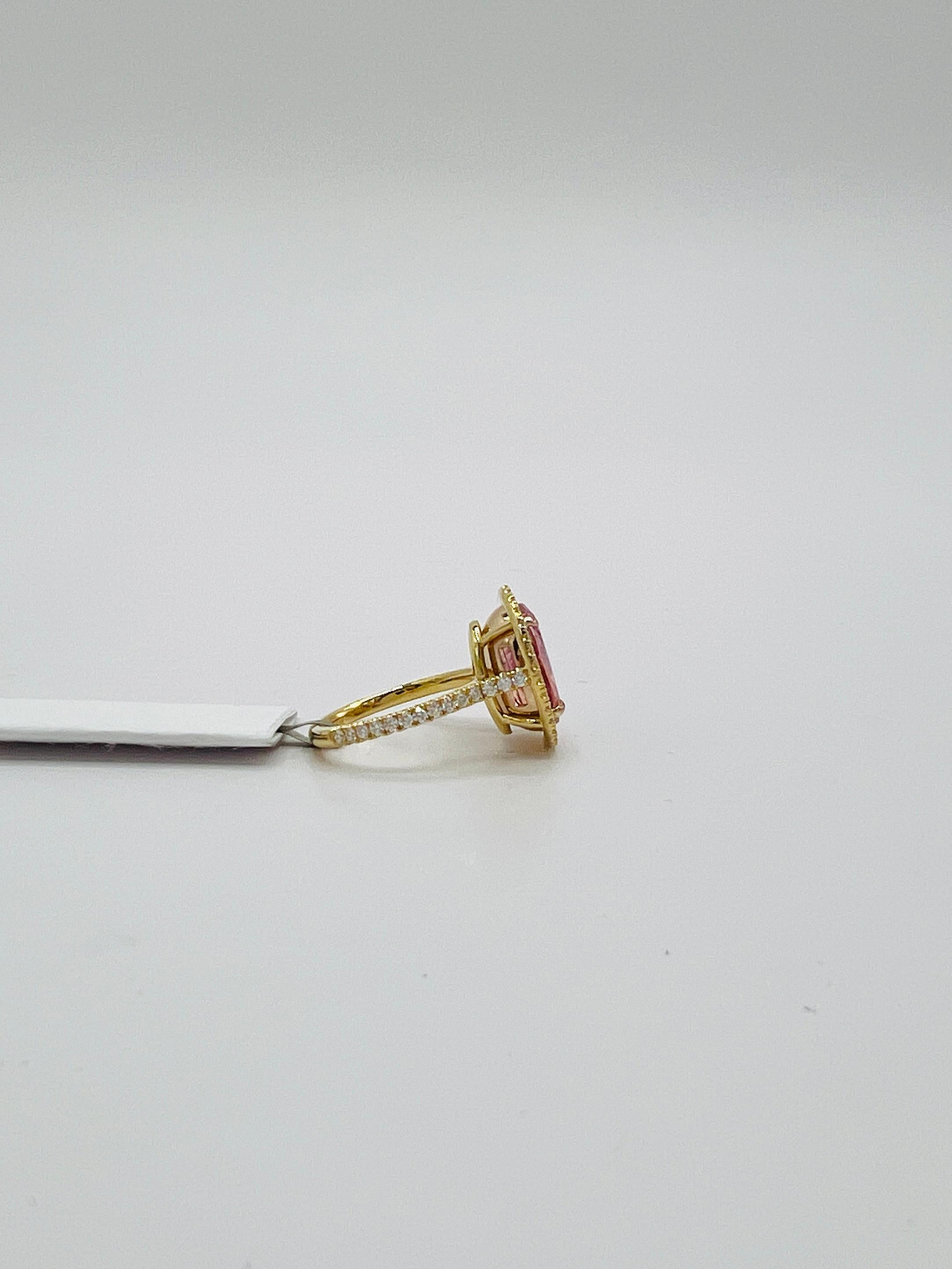GIA Unheated Orange Pink Padparadscha and White Diamond Ring in 18K Yellow Gold For Sale 2