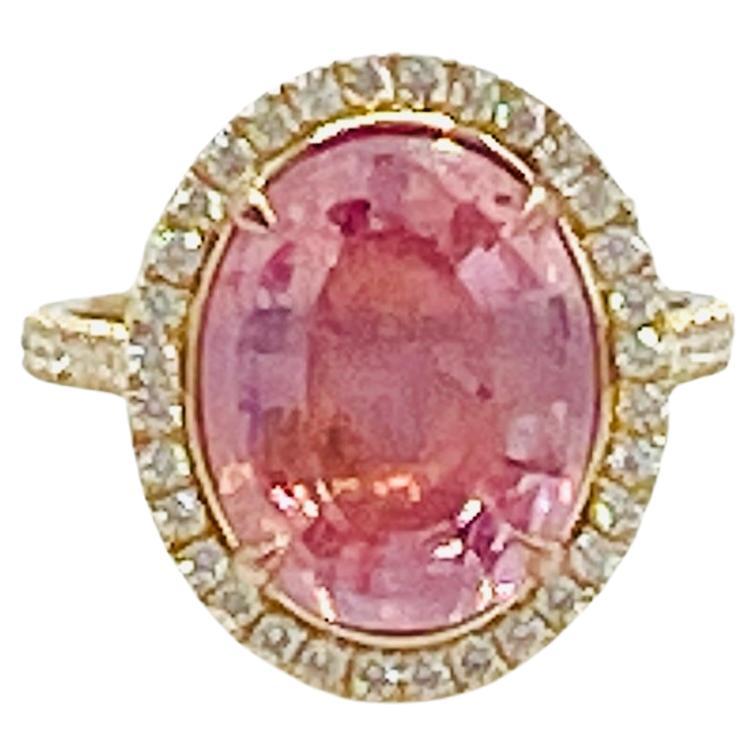 GIA Unheated Orange Pink Padparadscha and White Diamond Ring in 18K Yellow Gold For Sale